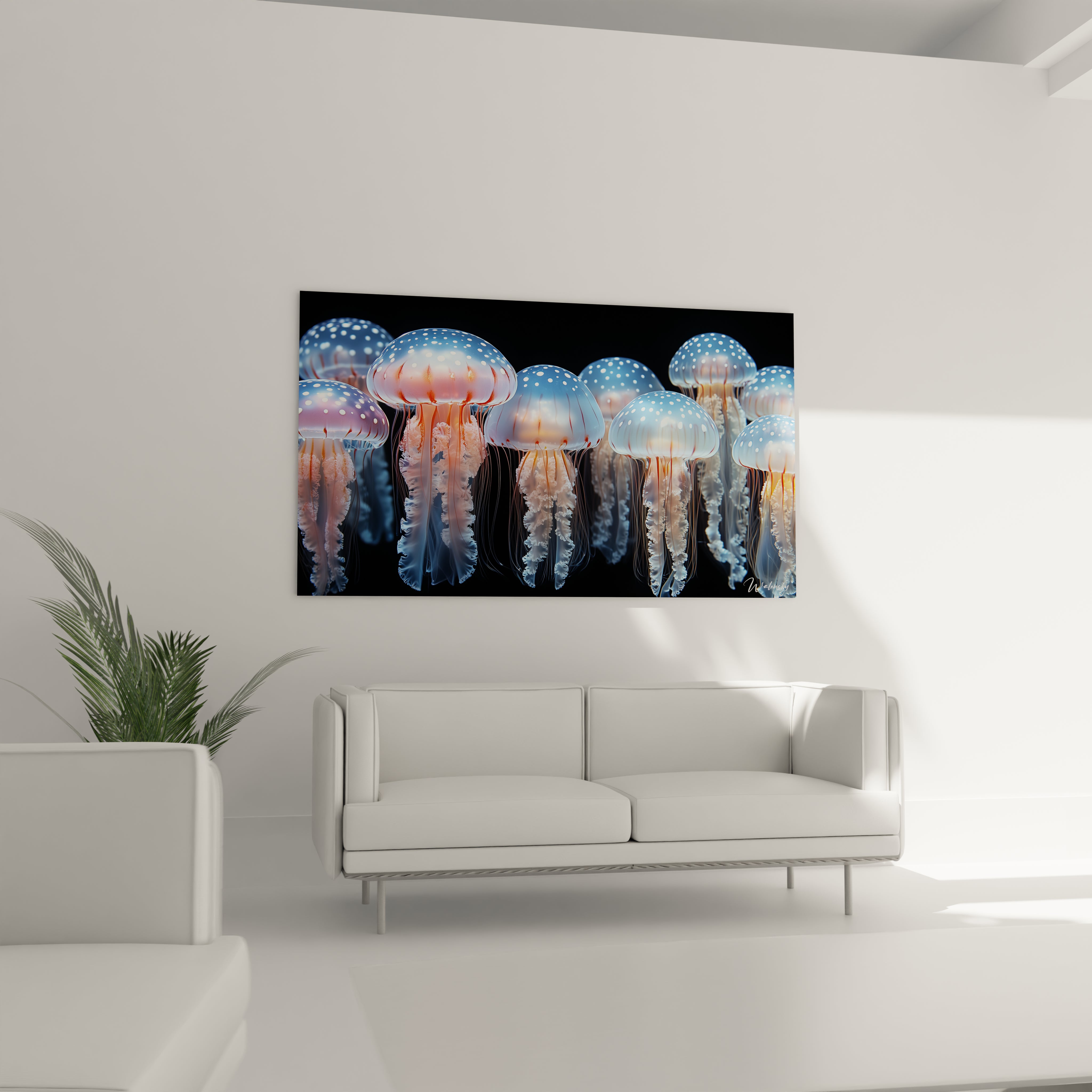 Tableau Walensky représentant des méduses lumineuses sur fond noir, décoration murale moderne