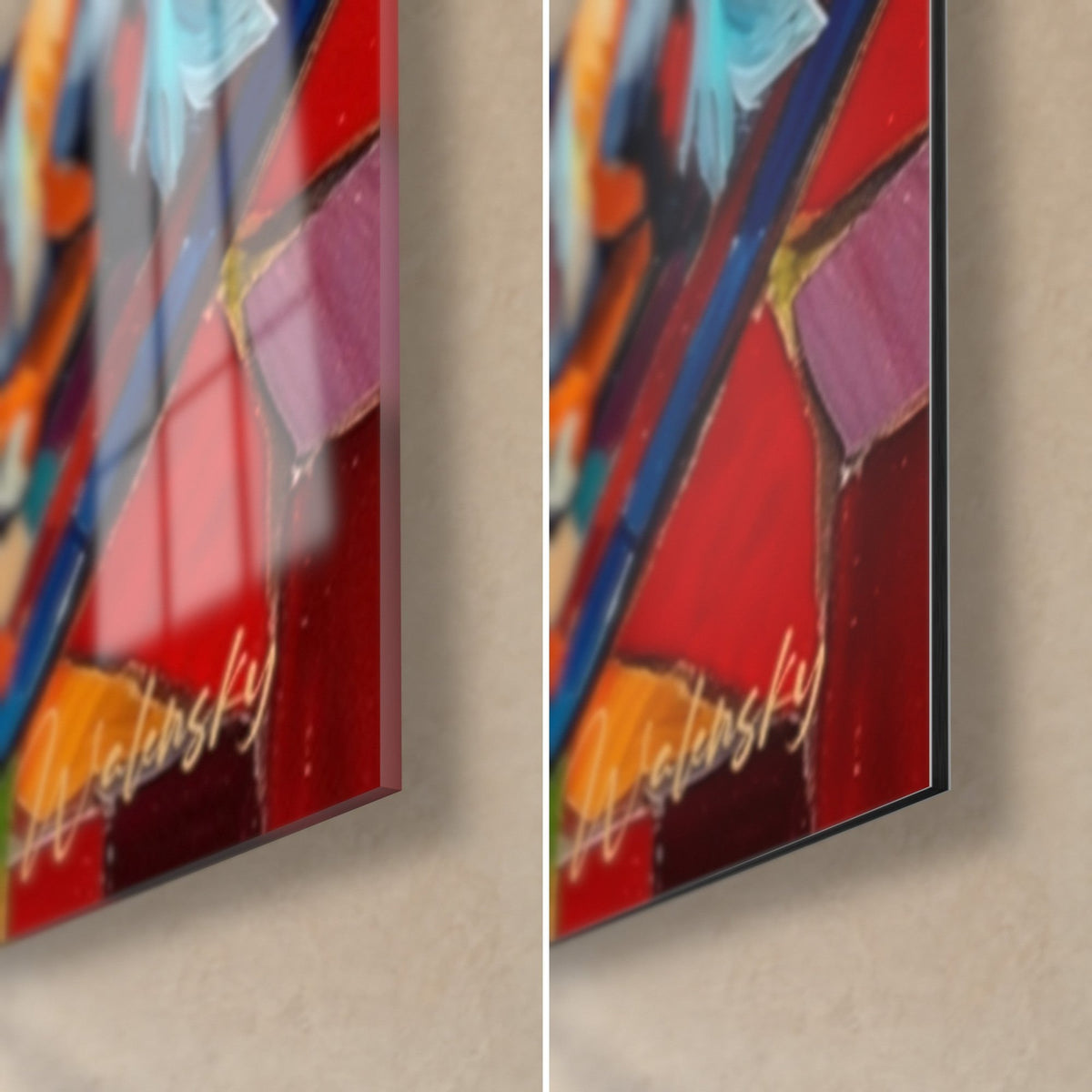 Schilderij Mudi's in mozaïek, rechtsonder: glanzend acrylglas links, mat Dibond-aluminium rechts, diep rood, oranje en 3 mm rand