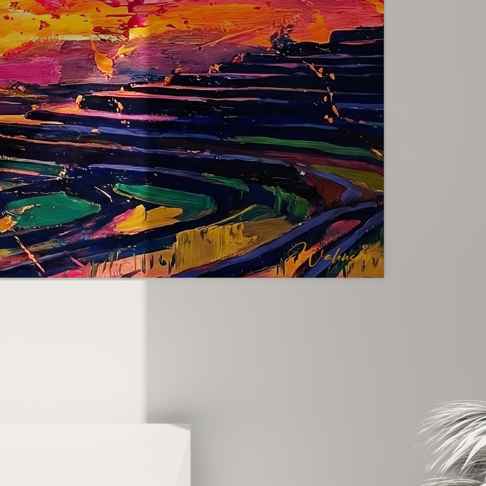 Vue ensemble salon tableau panoramique coucher soleil rizieres decoration murale moderne