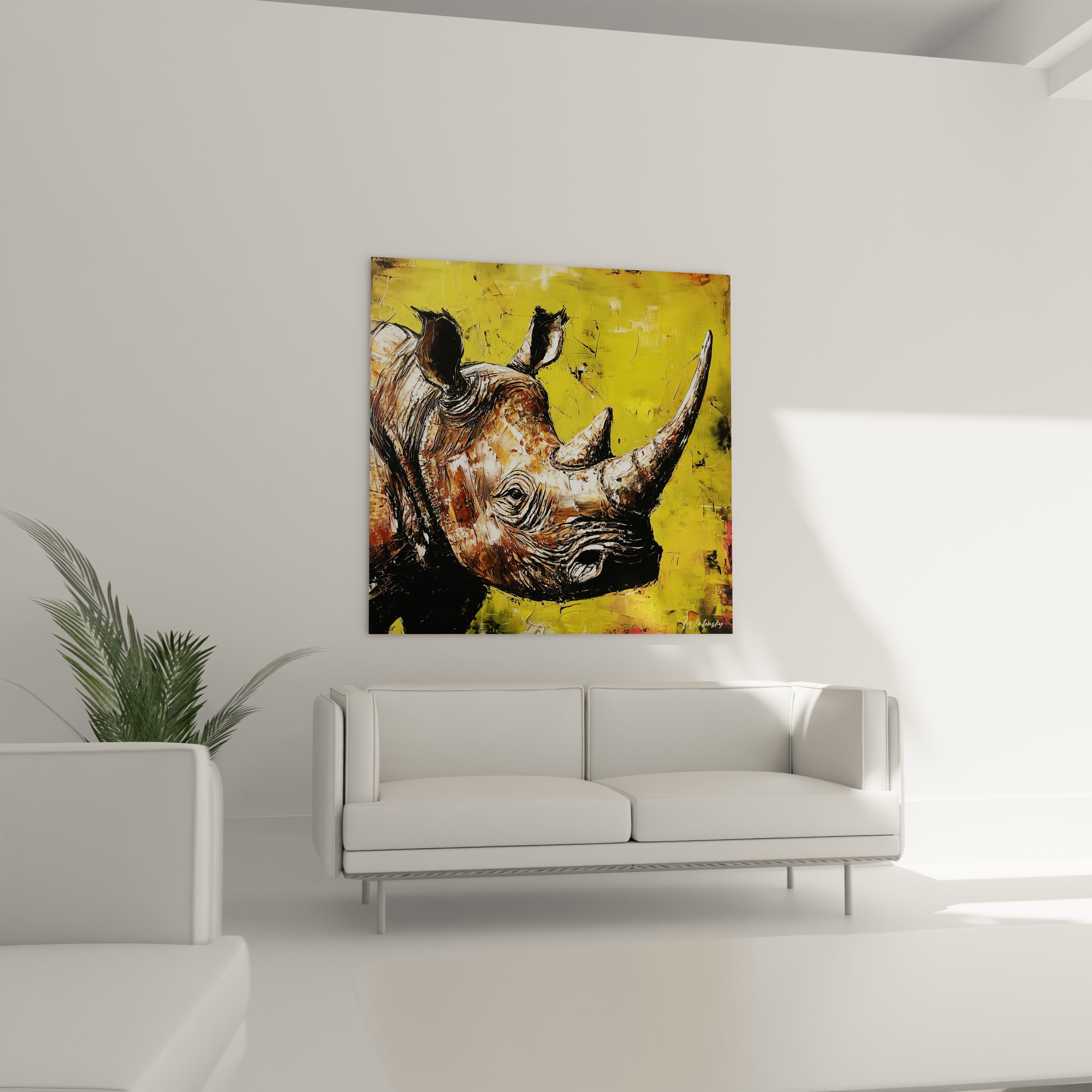 Tableau rhinocéros Walensky accroché au mur d'un salon moderne blanc et lumineux
