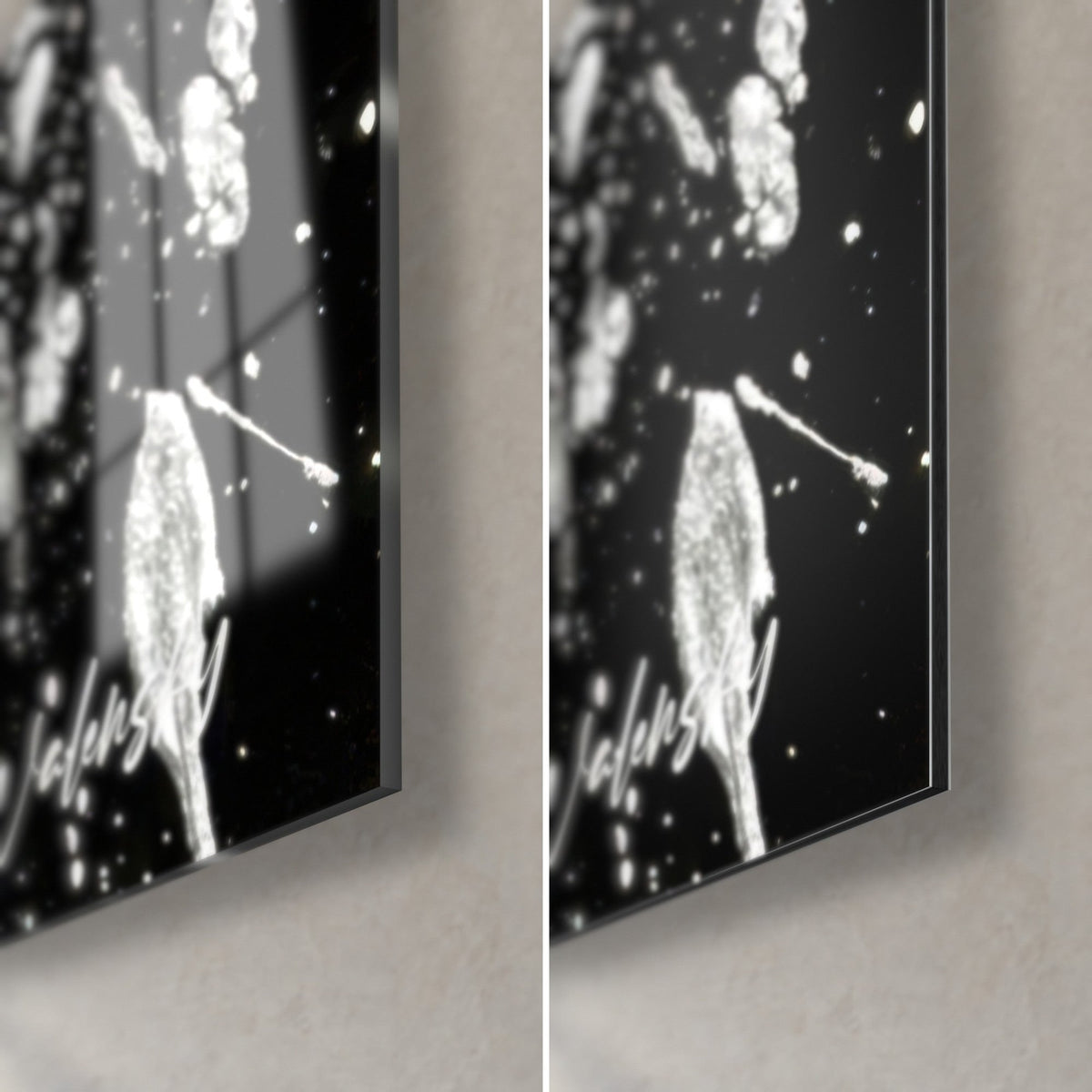 Wall art white paint splatters on black background, bottom right corner, glossy glass on the left, matte Dibond on the right, 3 mm edge