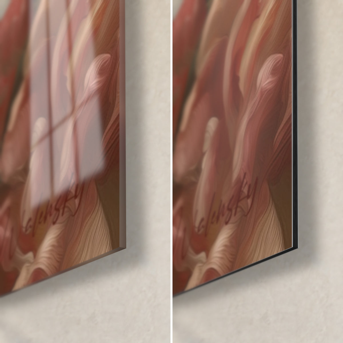 Cuadro tigre de pétalos rosa salmón, esquina inferior derecha: cristal acrílico brillante que refleja la ventana, aluminio Dibond negro mate, canto de 3 mm