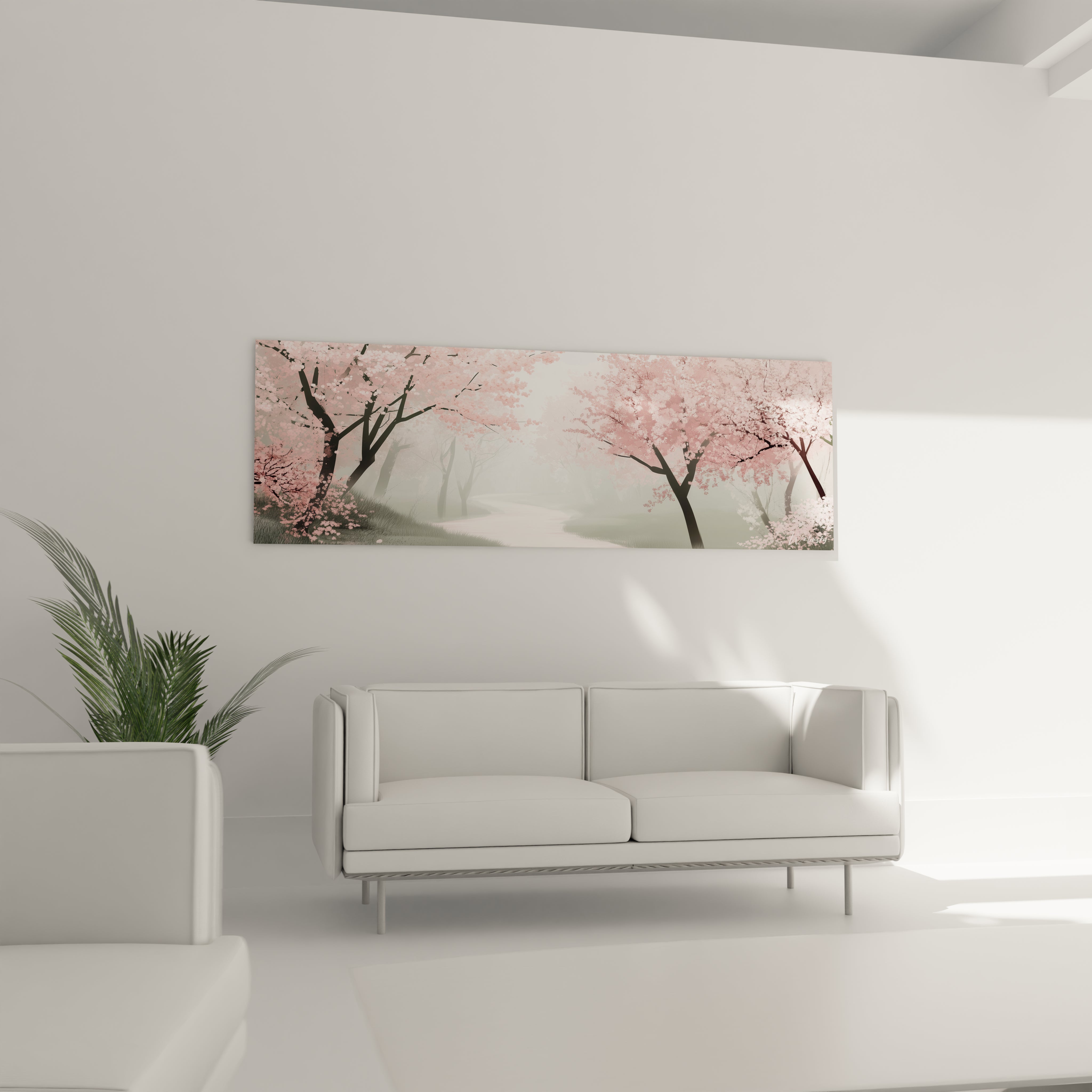 Tableau forêt Walensky avec arbres en fleurs roses accroché au-dessus d'un canapé dans un salon moderne