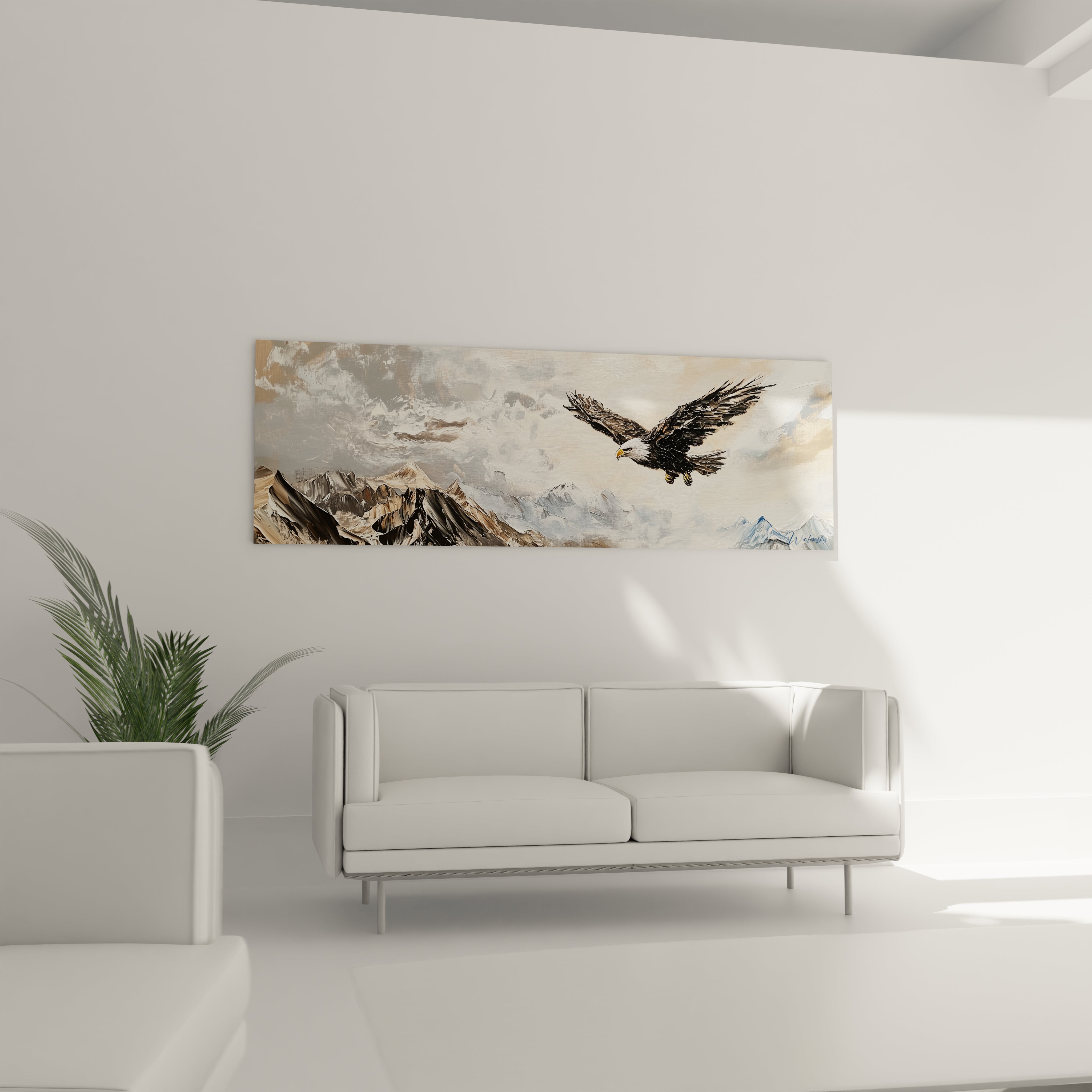 Tableau aigle Walensky avec des montagnes en arrière-plan et des couleurs douces pour un décor moderne