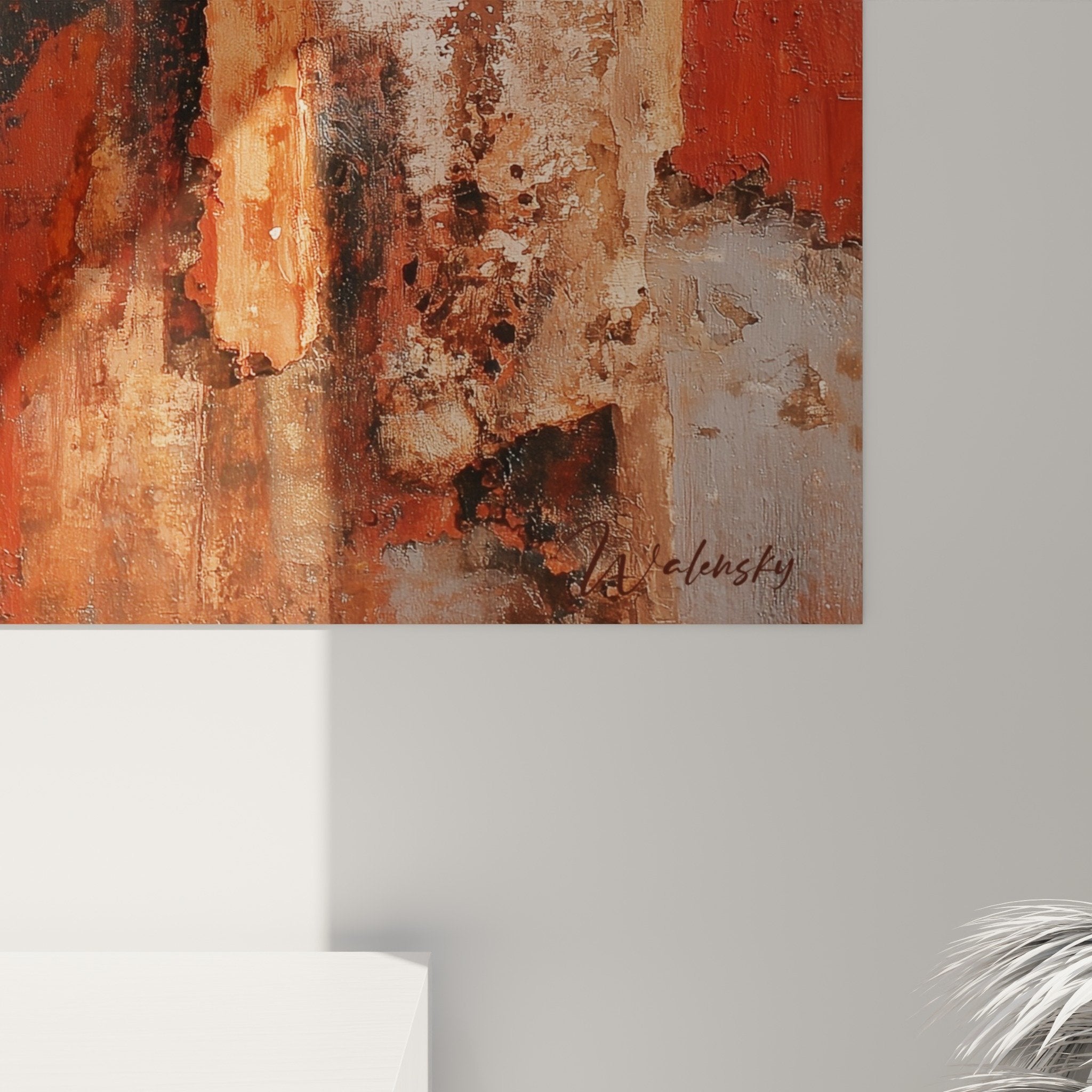 Living room overview with abstract coral gray painting modern wall decor feng shui earth center