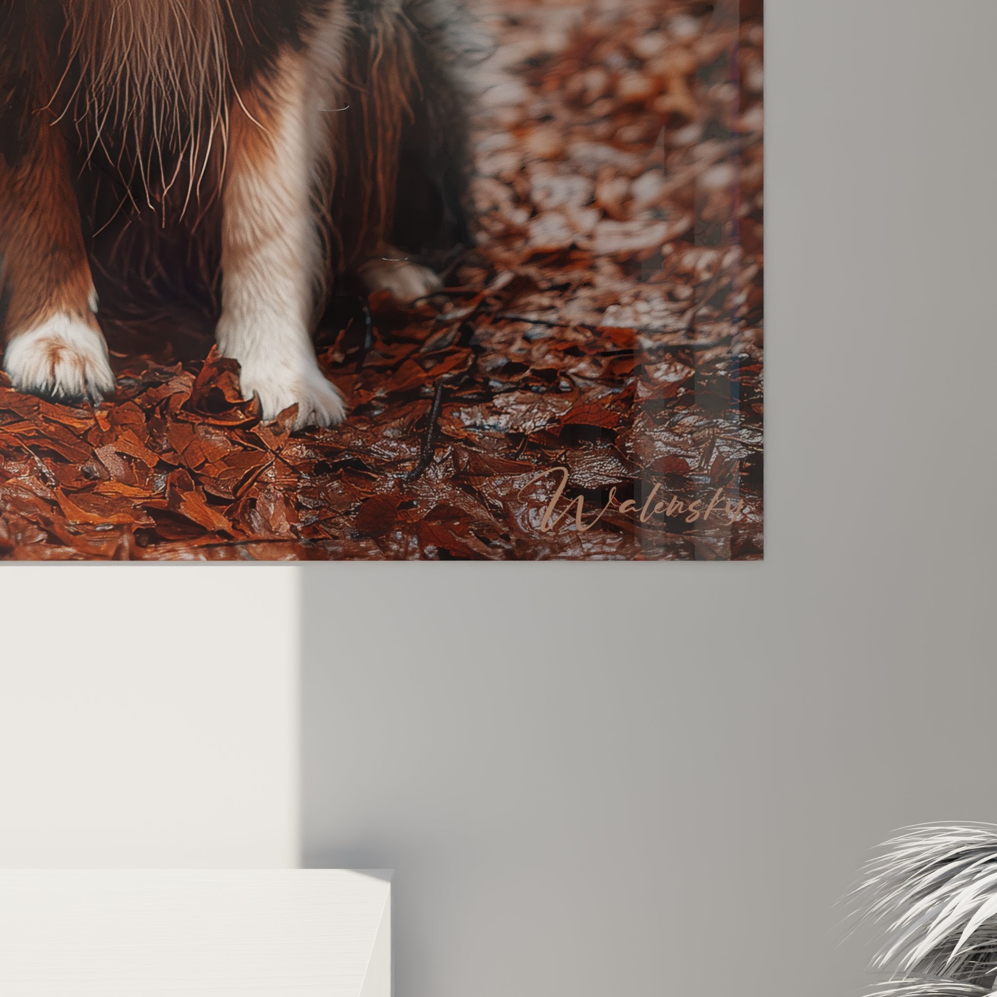 Gesamtansicht Gemälde Australian Shepherd Wohnzimmer Wanddekoration Hundeporträt Herbst