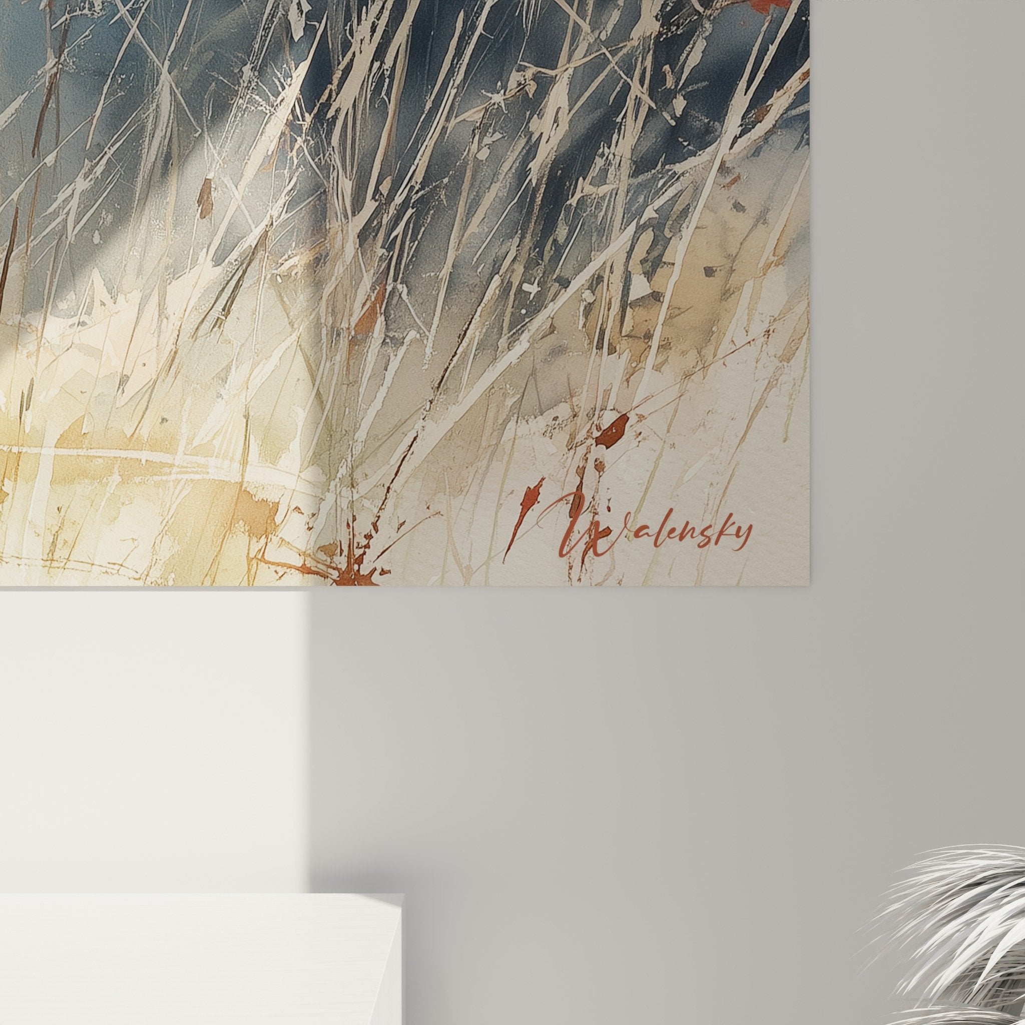 Vue ensemble tableau berger australien salon moderne mobilier bois clair decoration murale harmonieuse