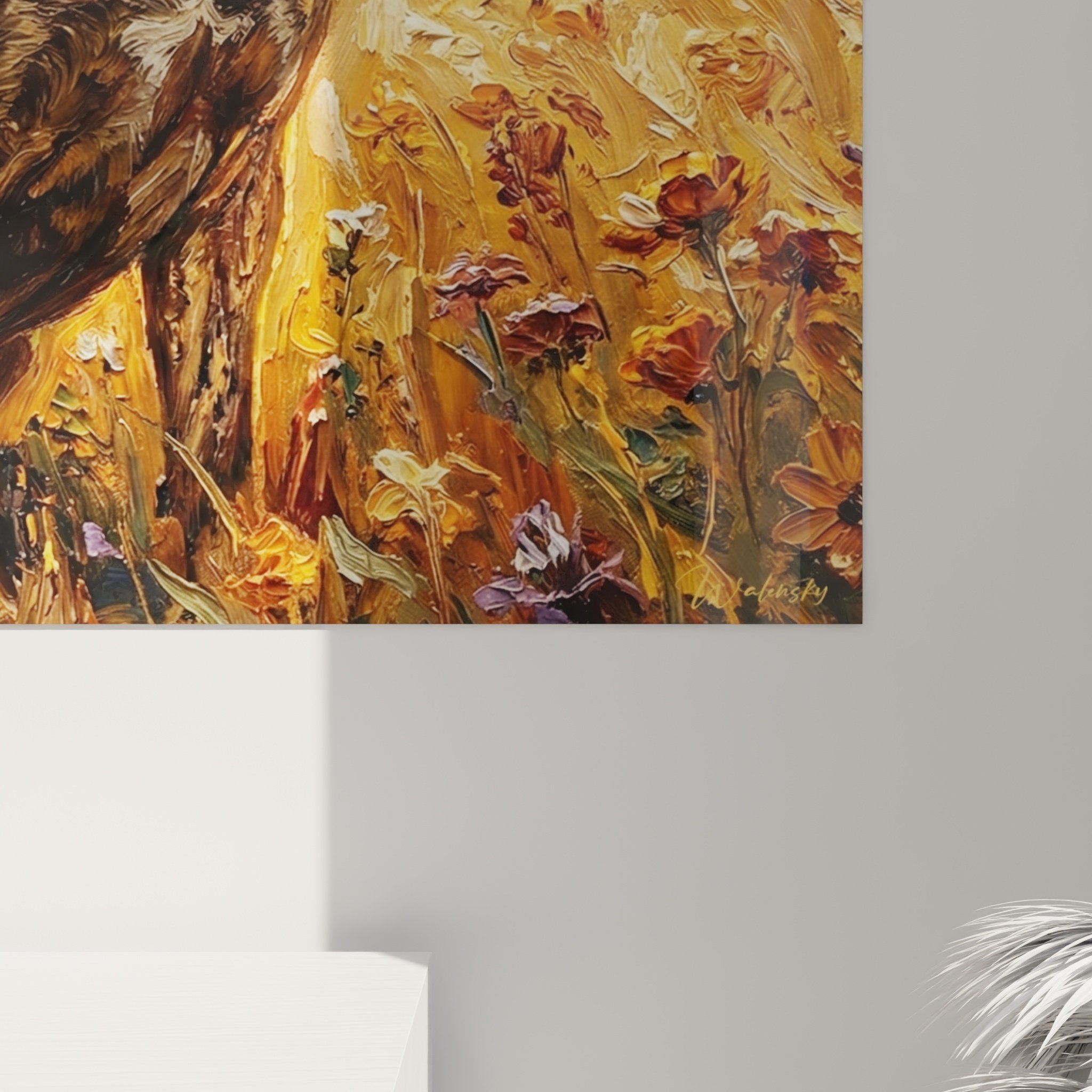 Vue ensemble salon tableau bullmastiff prairie doree decoration murale art animalier