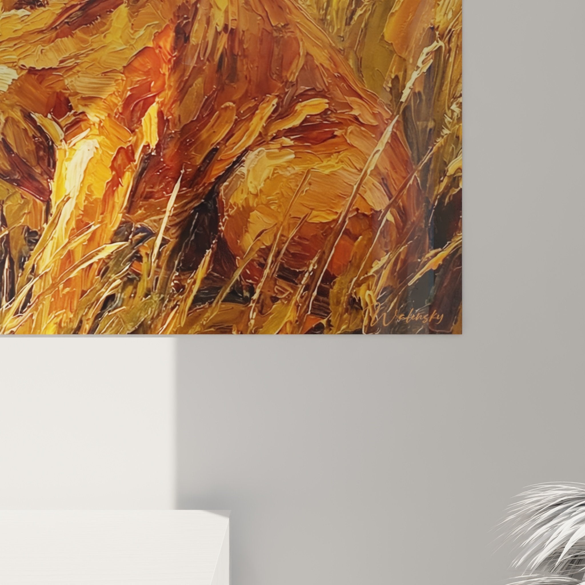 Overall living room view with Bullmastiff painting golden tones, dog art wall decor chic country style