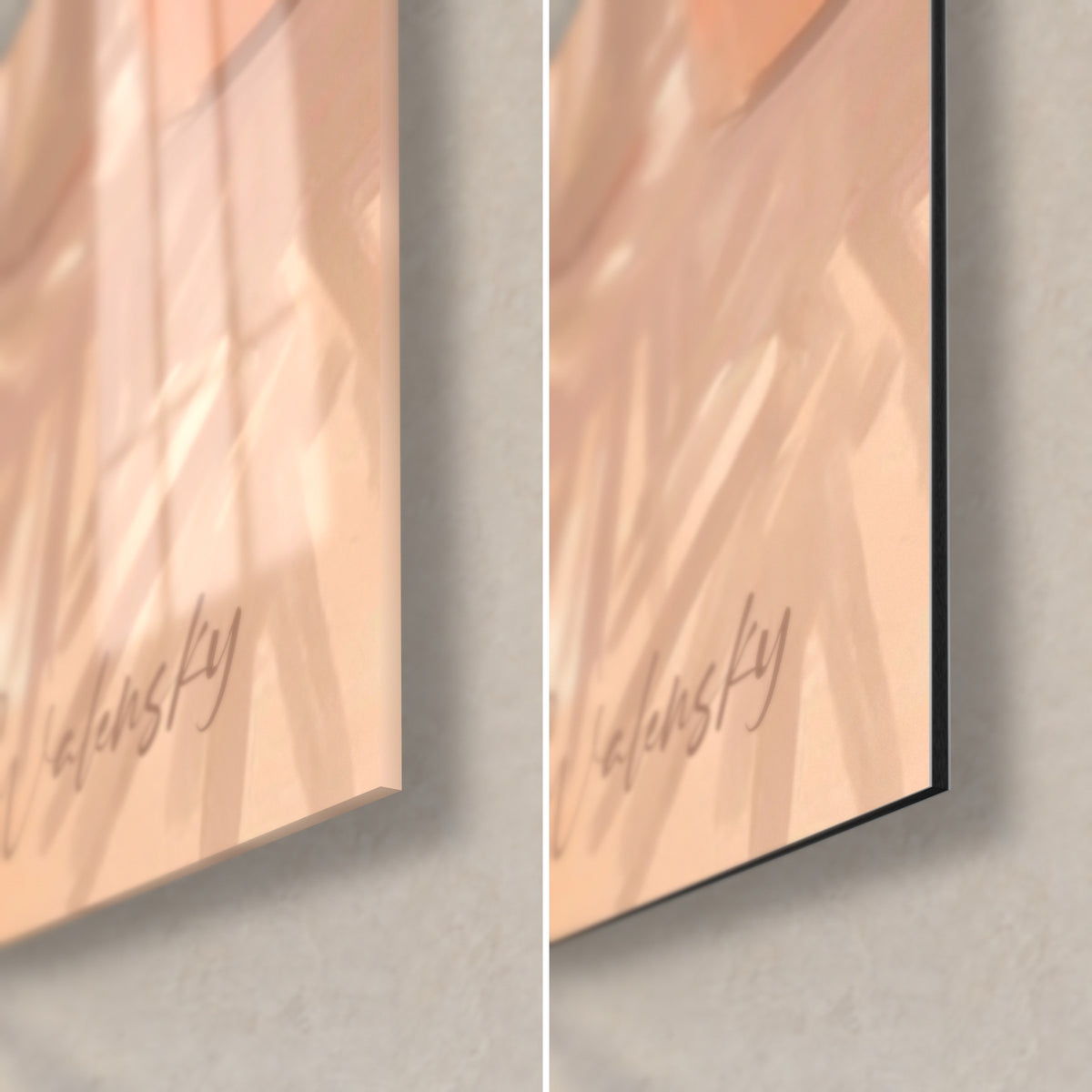 Schilderij fila brasileiro fauve, rechtsonder: glanzend glas met perzikkleurige reflecties links, mat zwart Dibond en 3 mm rand rechts