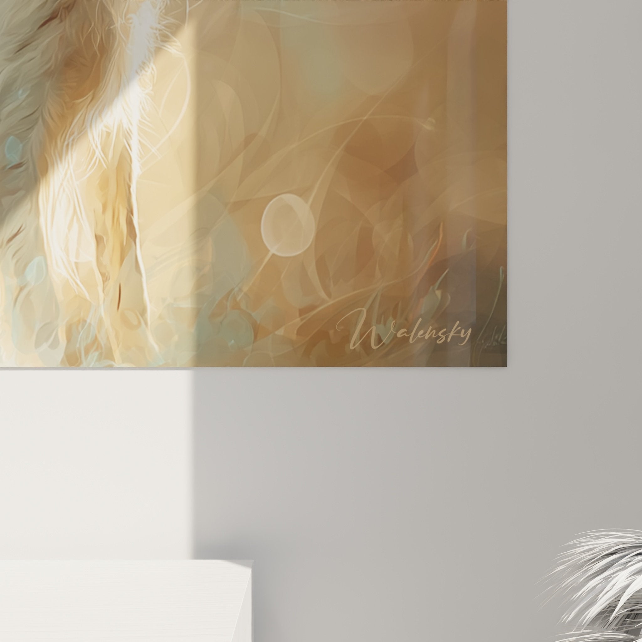 Vue d'ensemble du tableau portrait de chien avec volutes lumineuses dans salon contemporain