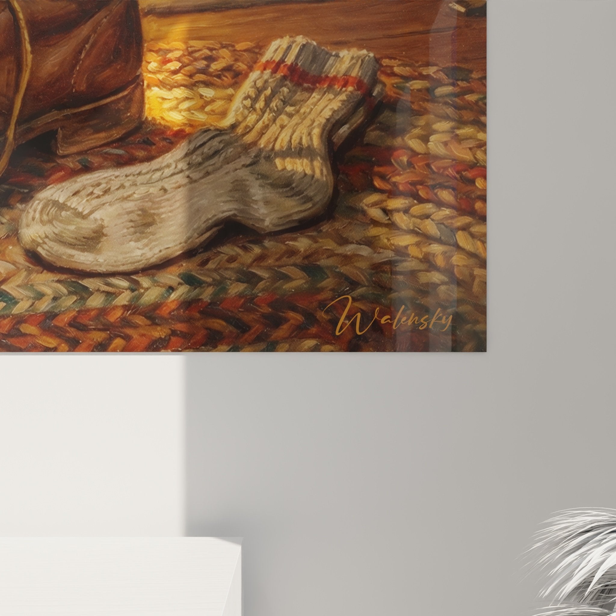 Vue ensemble salon tableau chiot endormi bottes decoration murale ambiance rustique