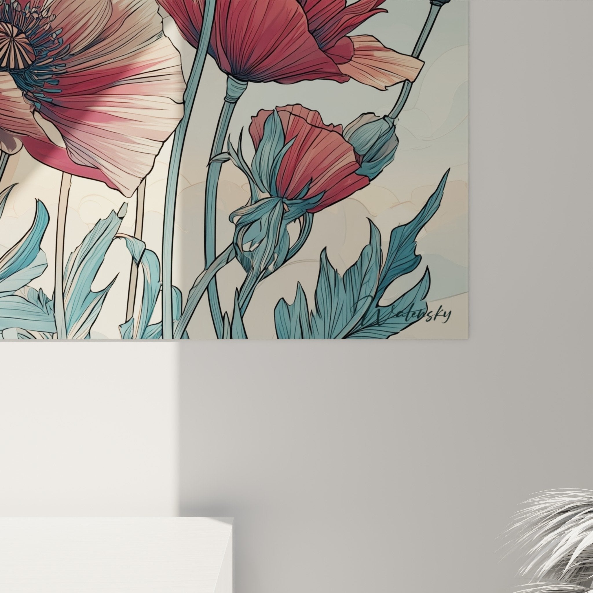 Vue d'ensemble du tableau de coquelicots dans salon contemporain, format horizontal élégant