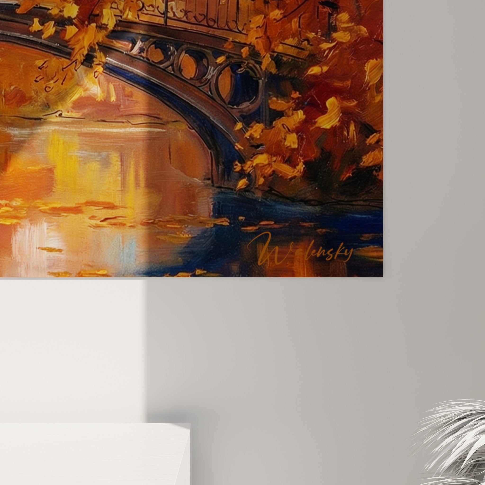 Mise en situation salon tableau couple pont automne palette chaude decoration murale romantique