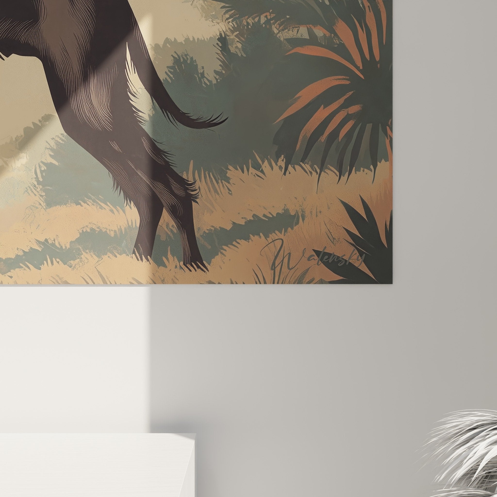 Deerhound-Gemälde Wohnzimmer Wanddekoration Landhausstil Möbel Naturholz warme Atmosphäre