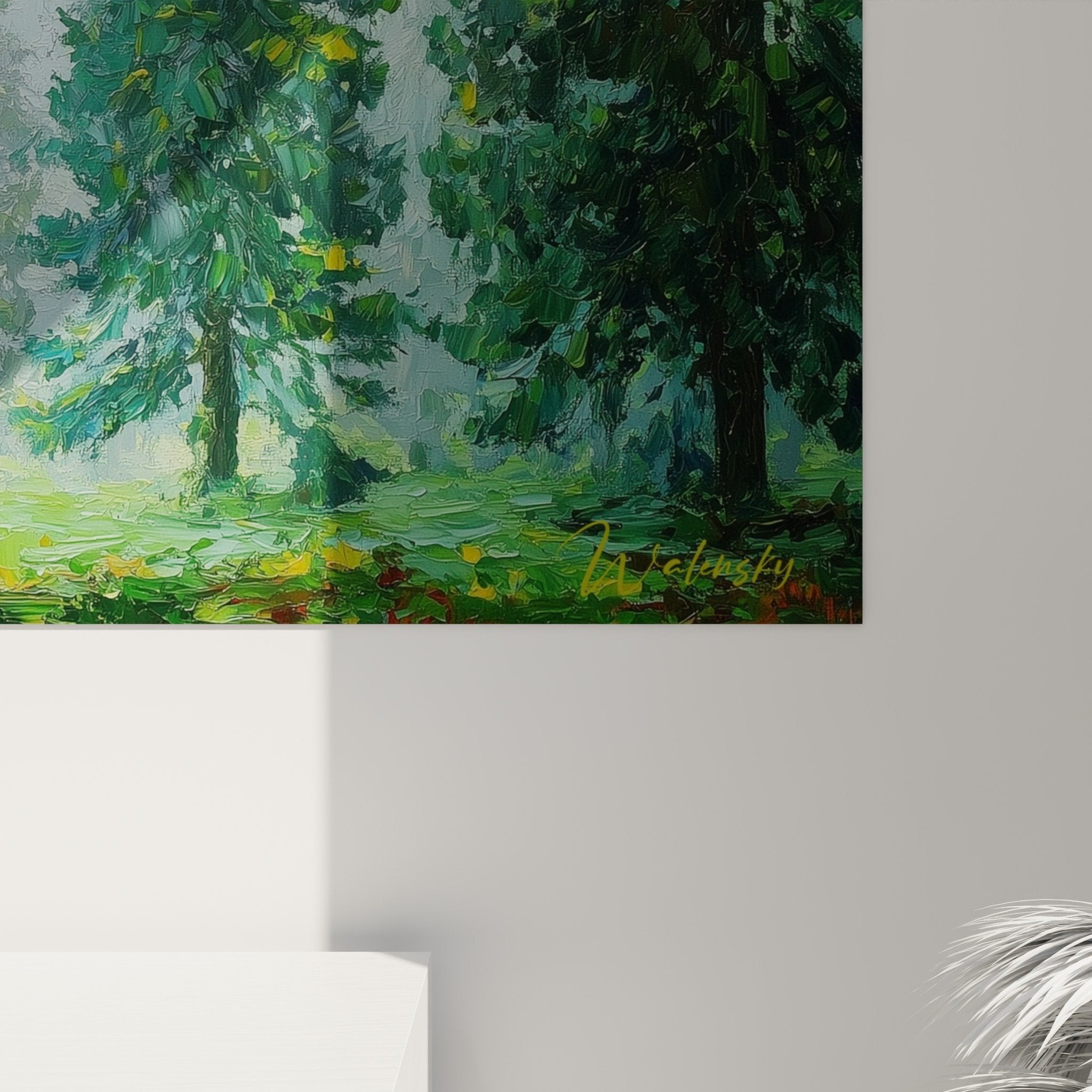 Full room view morning green forest wall art on white wall natural feng shui wood decoration