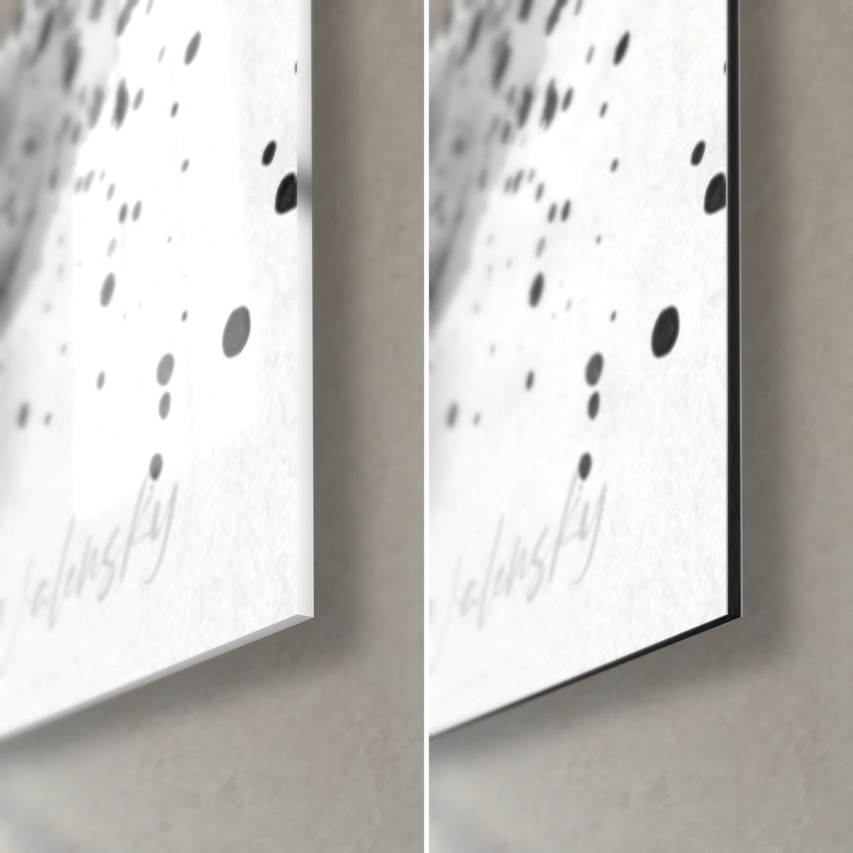 Quadro uccelli in bianco e nero, angolo in basso a destra: vetro acrilico lucido con riflessi a sinistra, Dibond grigio opaco e bordo da 3 mm a destra