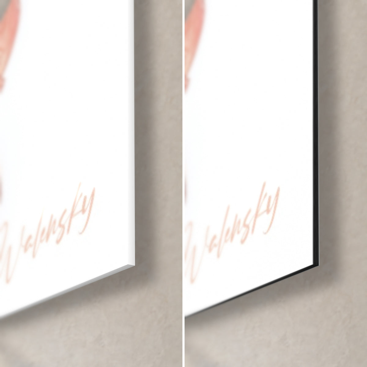 Wall art with oriental lantern on white background, bottom right corner: glossy glass on the left, matte Dibond aluminium on the right, 3 mm edge