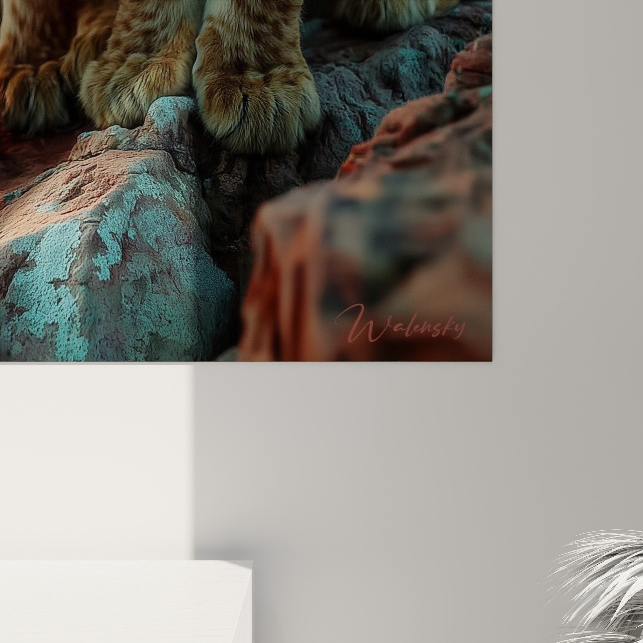 Living room overview with lion cubs artwork, warm color harmony, soothing contemporary African ambiance