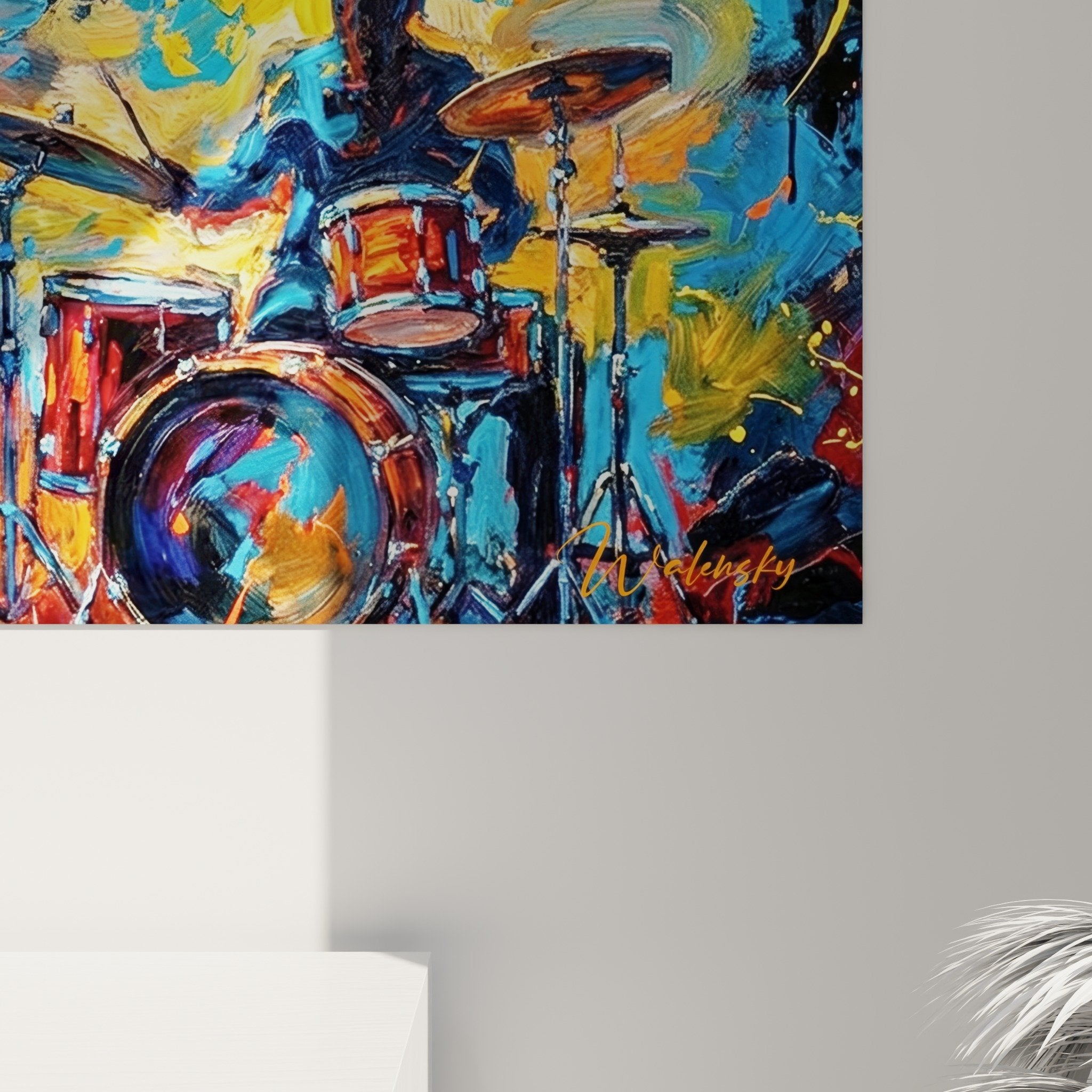 Vue ensemble salon tableau jazz Brooklyn couleurs vives décoration murale art contemporain