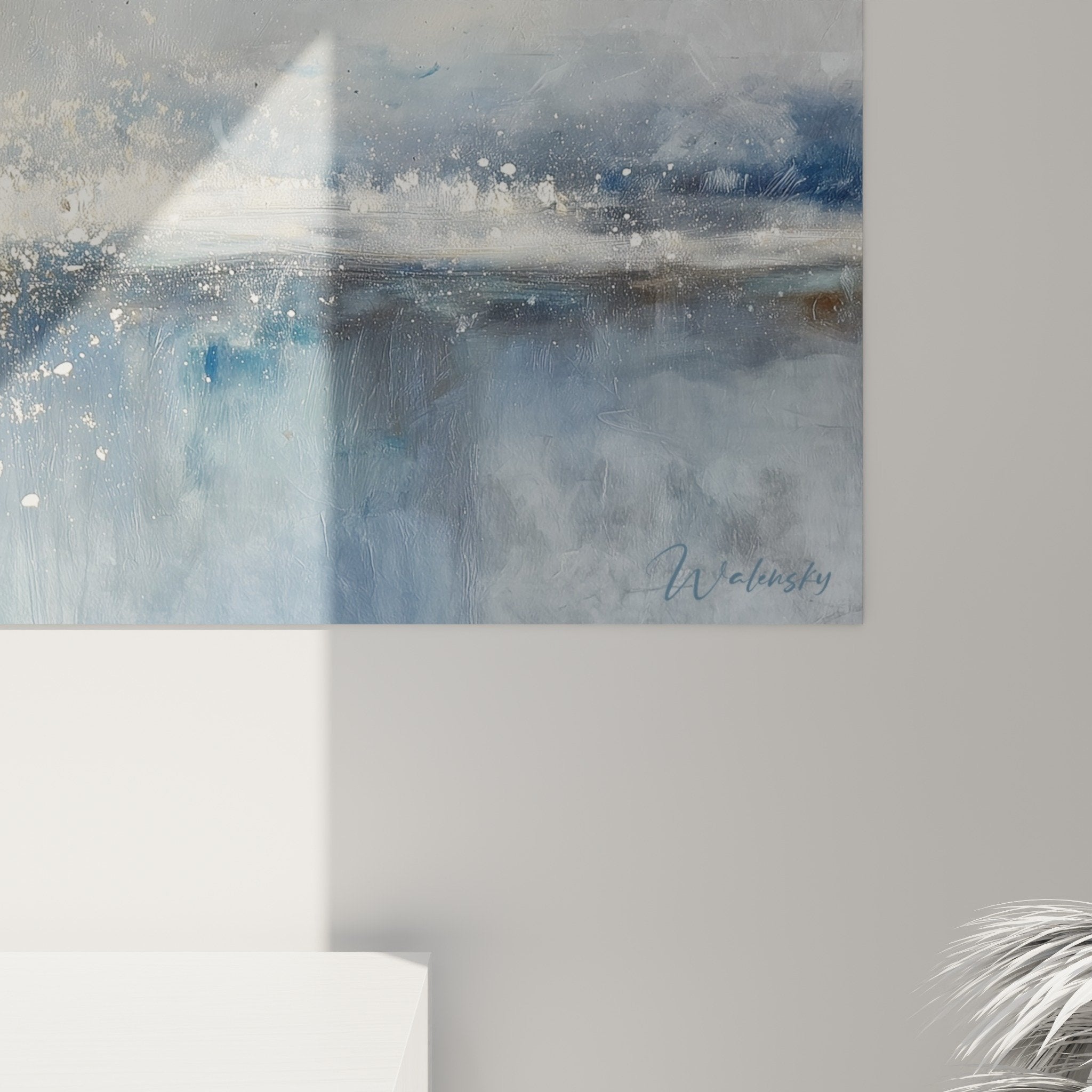 Overview of blue marine painting in modern living room, soothing feng shui decorative ambiance west metal