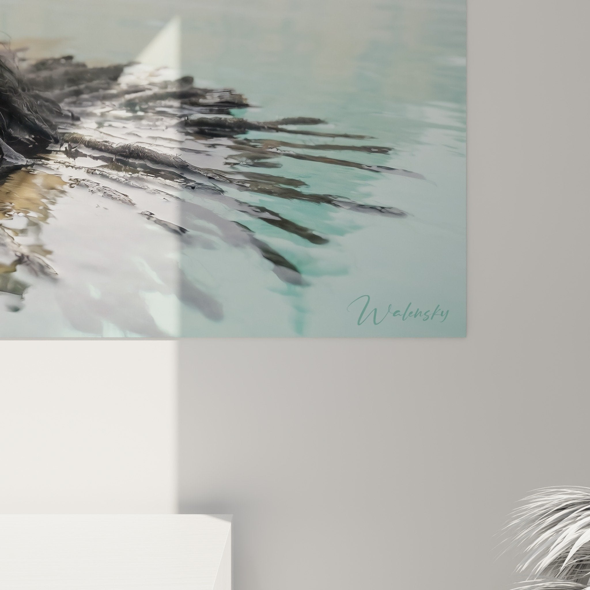 Vue ensemble tableau Puli aquatique salon contemporain, format panoramique mur blanc, deco nature