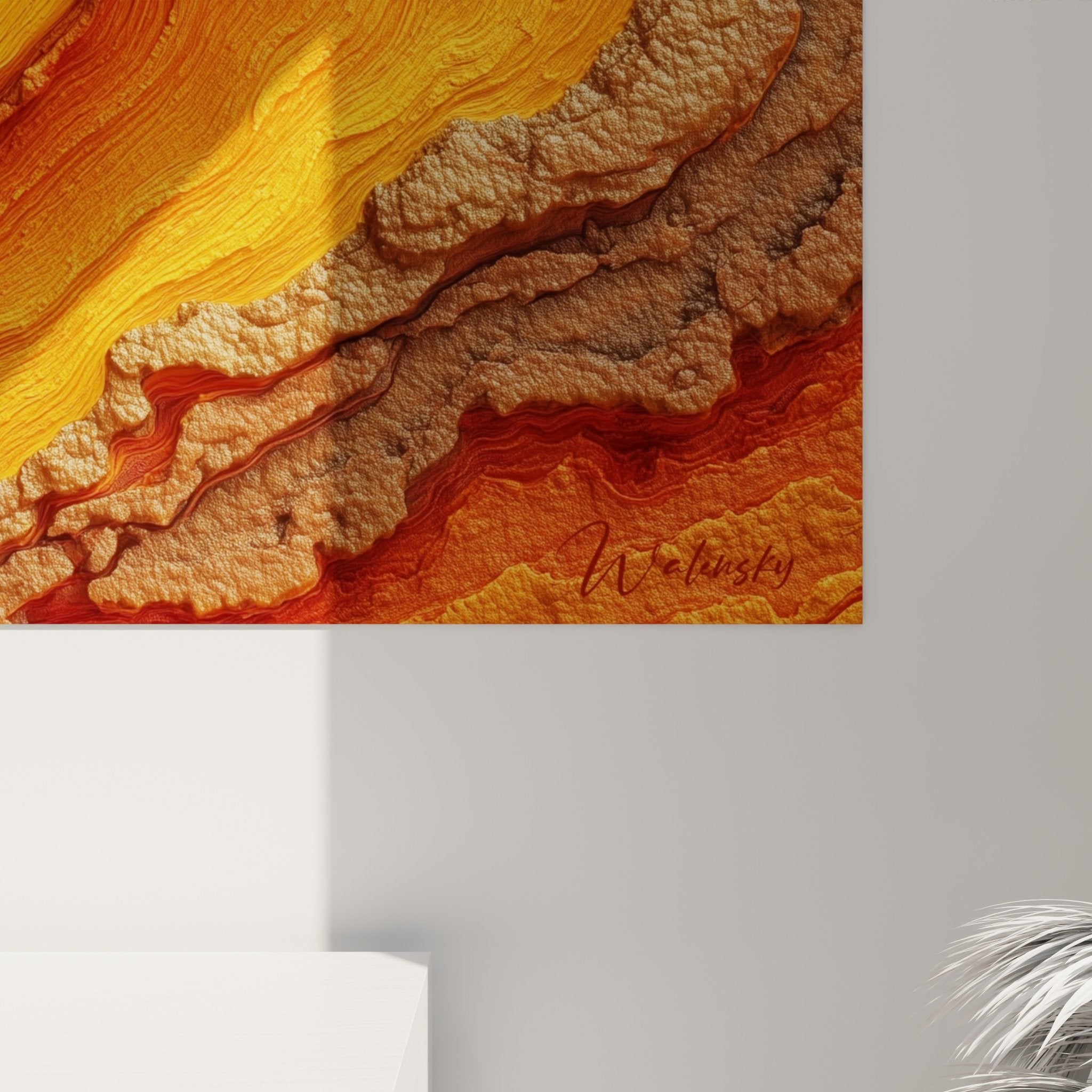 Overall view orange ochre spiral wall art living room feng shui northeast earth harmony