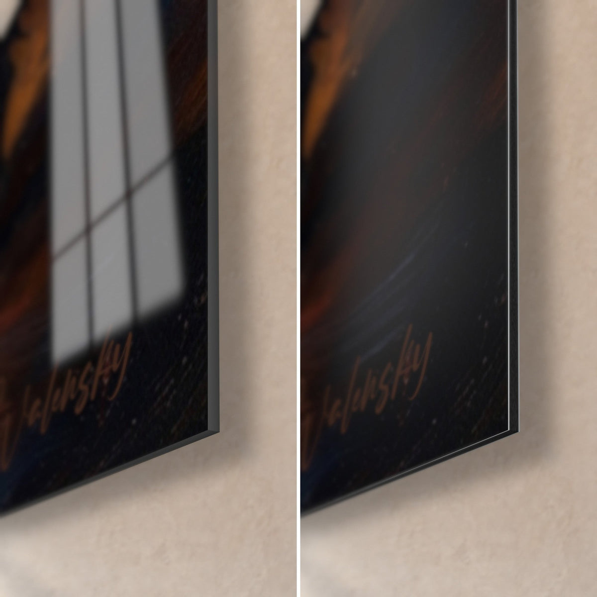 Gemälde Zwergspitz rotbraun, Bild unten rechts: glänzendes Acrylglas mit Reflexen links, mattschwarzes Alu-Dibond rechts, 3 mm Kante