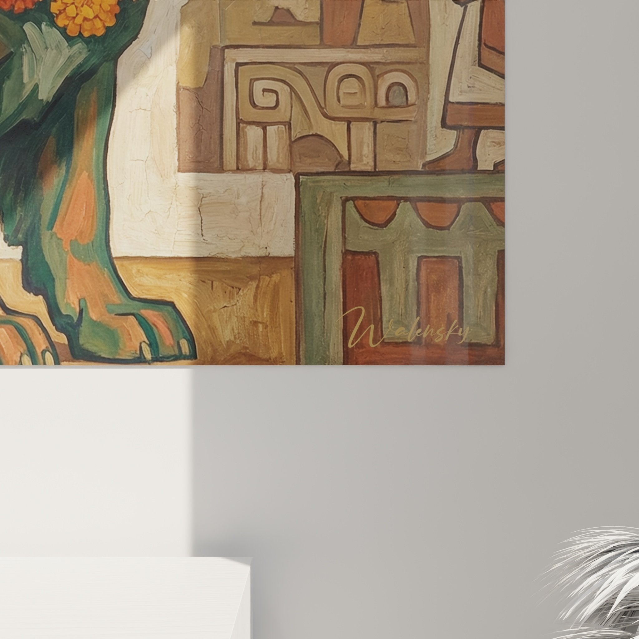 Vue ensemble tableau terre neuve decor maya salon ethnique murs beiges mobilier naturel