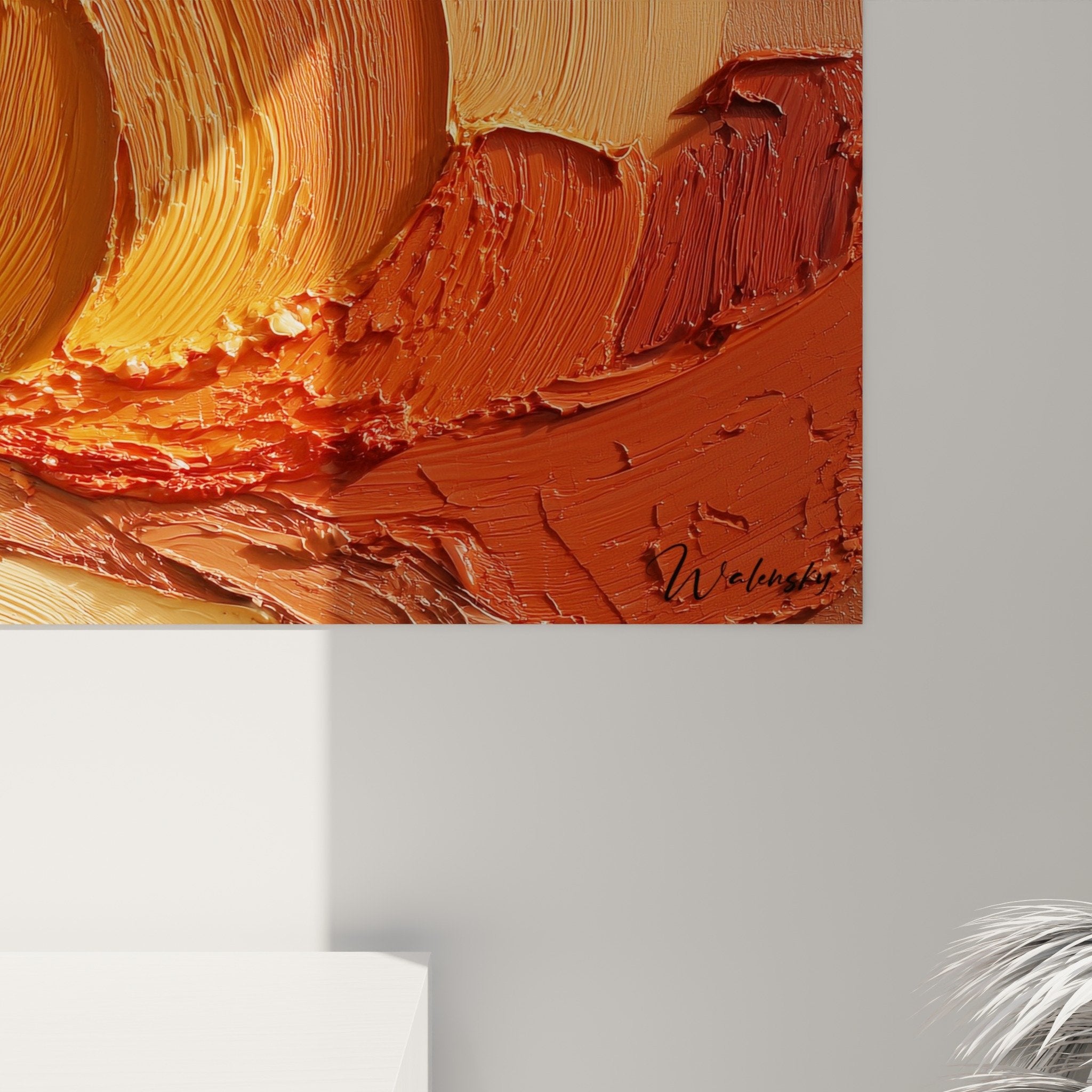 Vue ensemble tableau tourbillon abstrait rouge orange salon decoration feng shui centre terre moderne