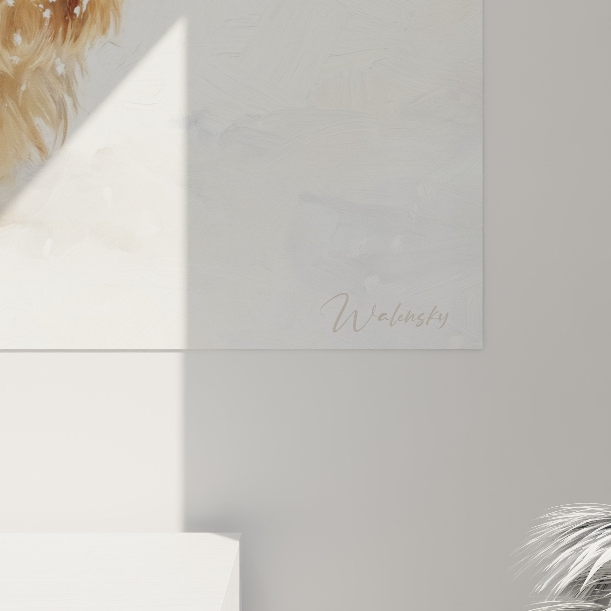 Winter Yorkshire Terrier wall art overview in cozy living room with minimalist Scandinavian decor