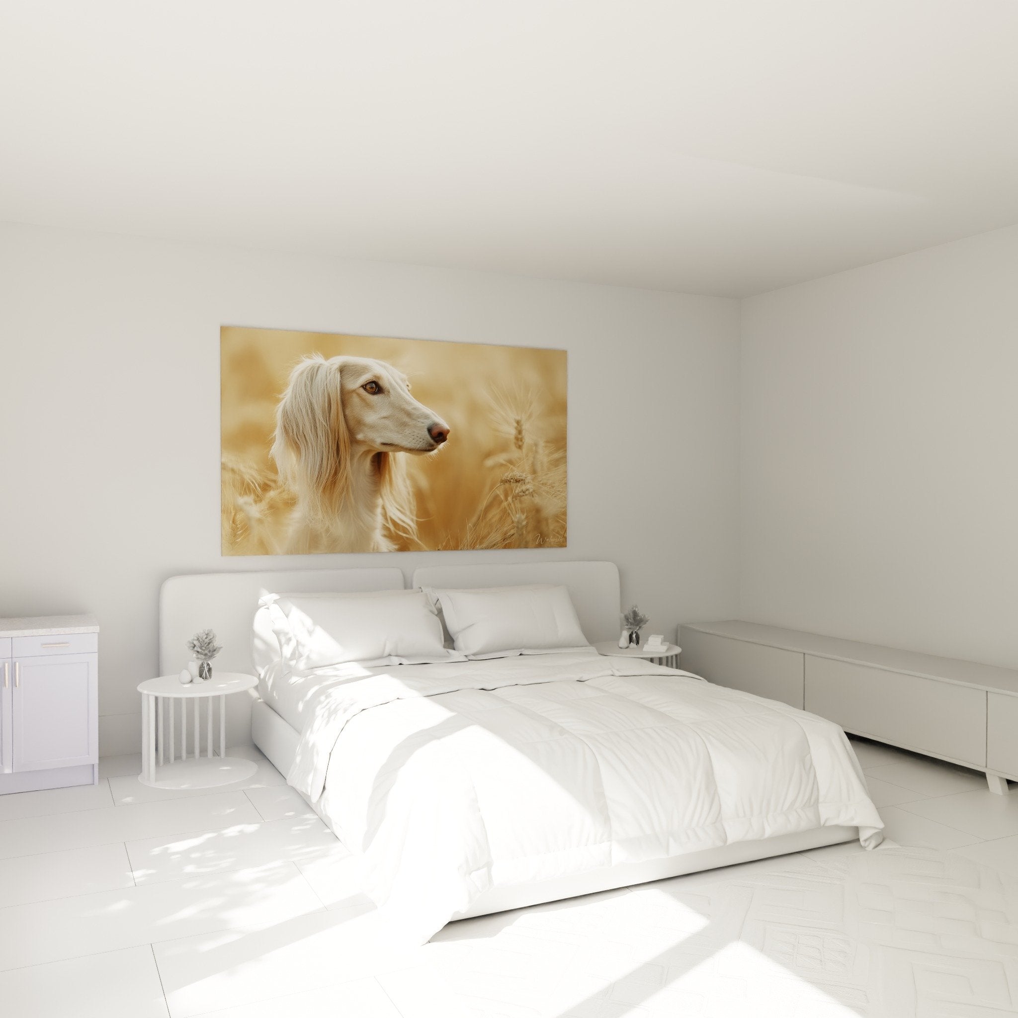 Tableau Saluki blanc décorant une chambre moderne, ambiance douce et apaisante