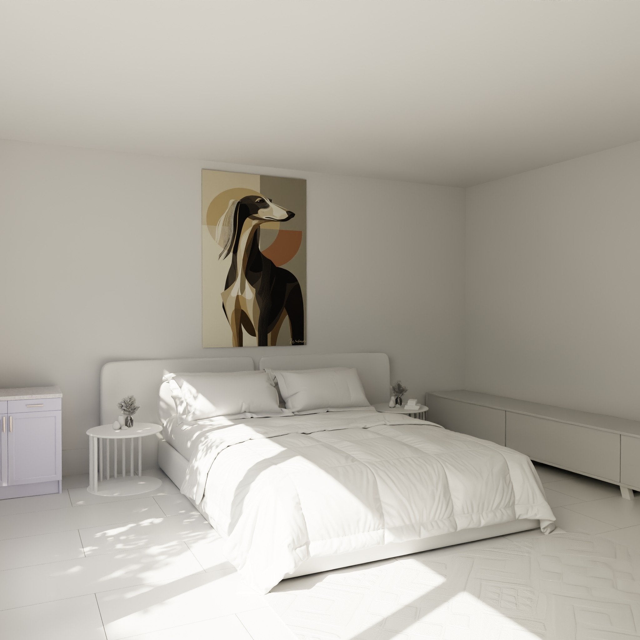 Tableau lévrier Saluki beige noir dans chambre contemporaine aux murs clairs et mobilier en bois naturel