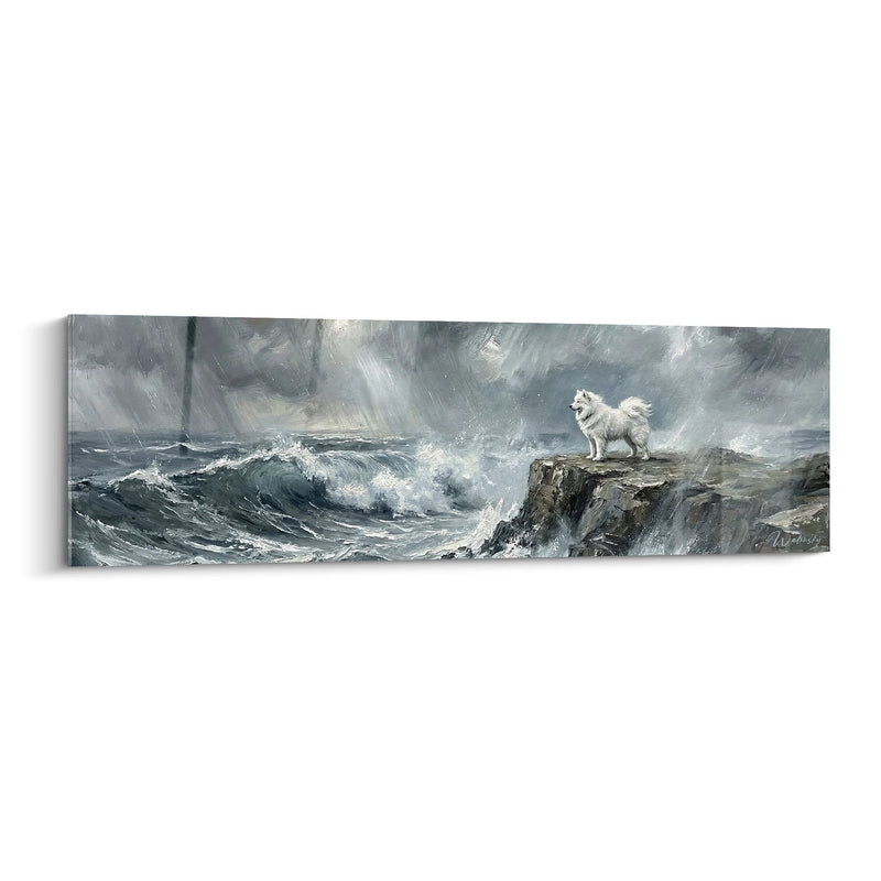 Tableau Samoyède Blanc sur Falaise Face aux Vagues Déchaînées - Gardien de l'Océan - Edition Samoyede
