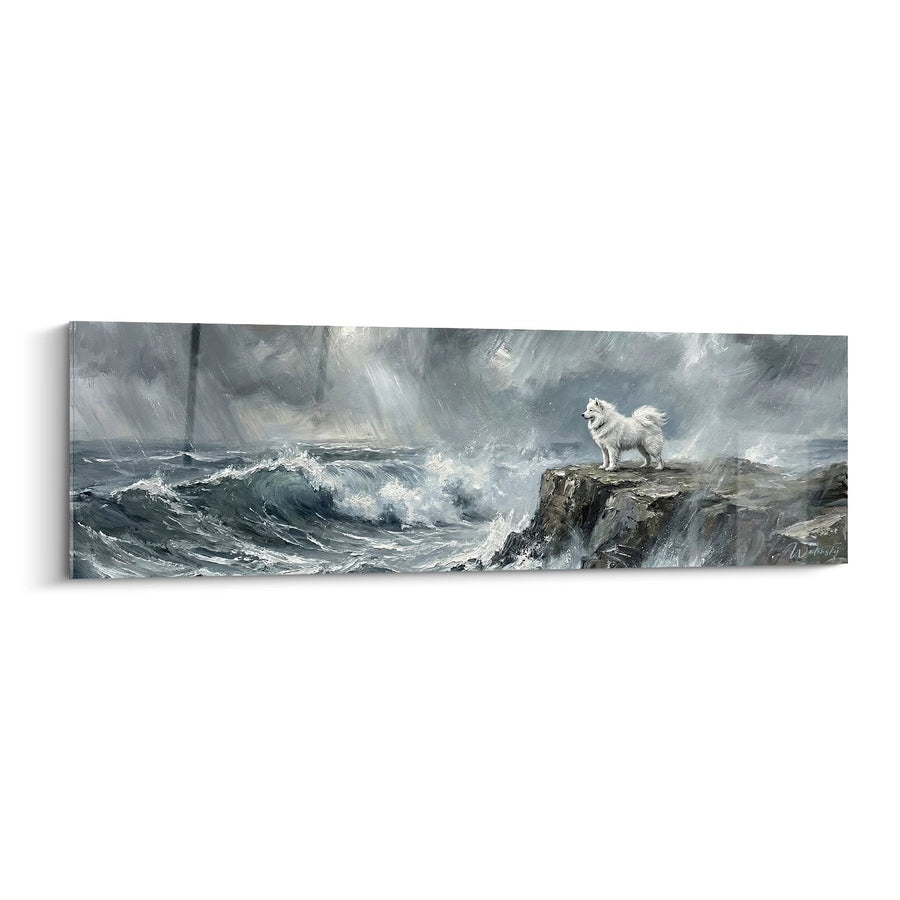 Tableau Samoyède Blanc sur Falaise Face aux Vagues Déchaînées - Gardien de l'Océan - Edition Samoyede