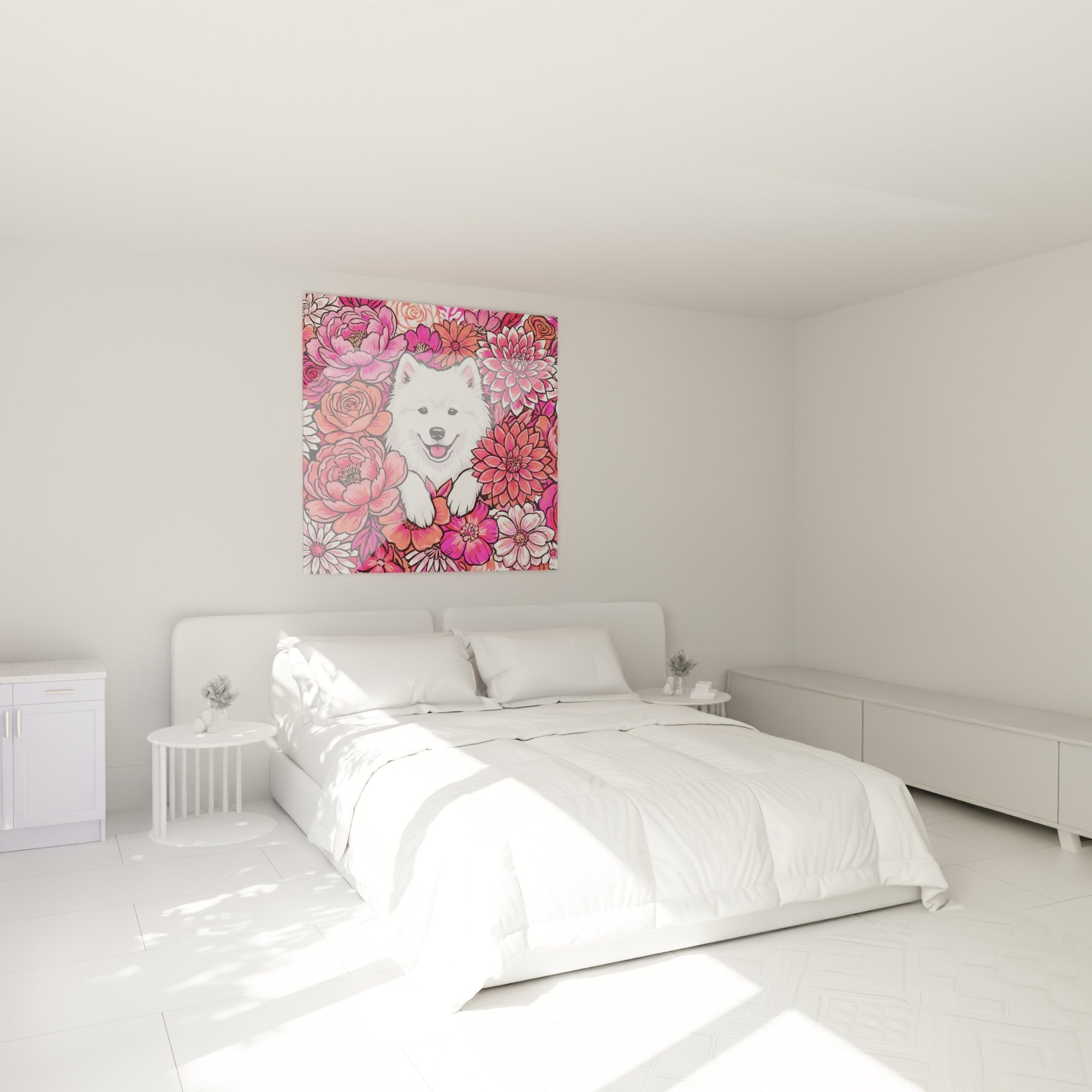 tableau chien blanc fleurs roses dans chambre moderne decoration murale florale fuchsia