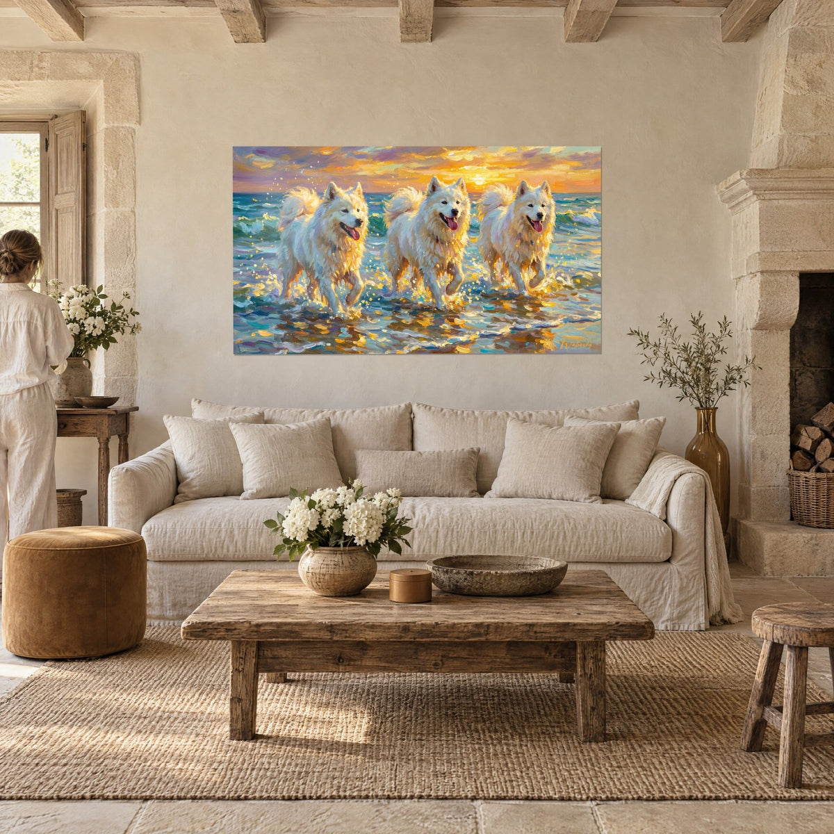 Wall art trio of fiery white dogs in turquoise foam under an orange sky, above a sofa in a bright living room