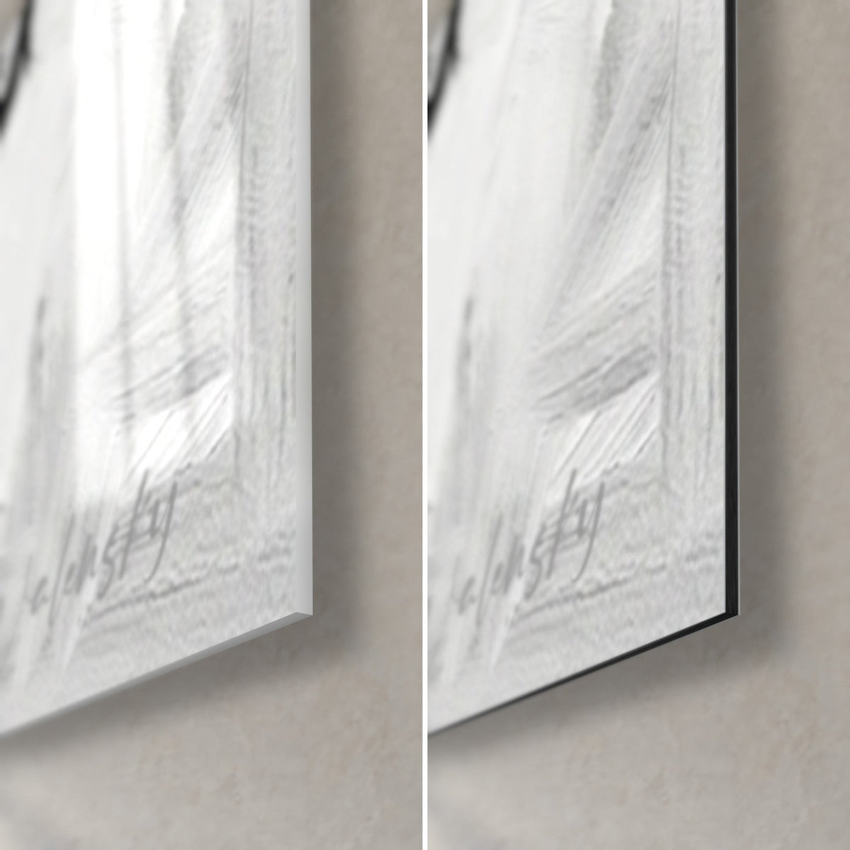 Tableau bête noire aux touches de peinture épaisses, coin bas droit, verre brillant à gauche, Dibond mat gris à droite, tranche 3 mm