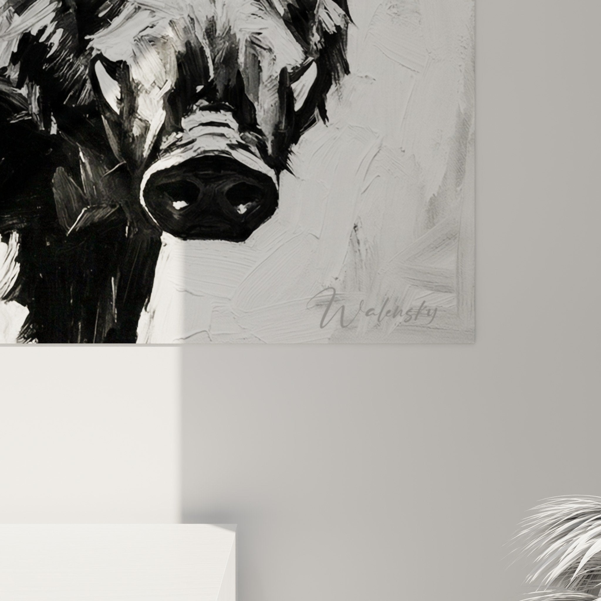 Expressionist wild boar black white painting modern living room wall art contemporary animal artwork