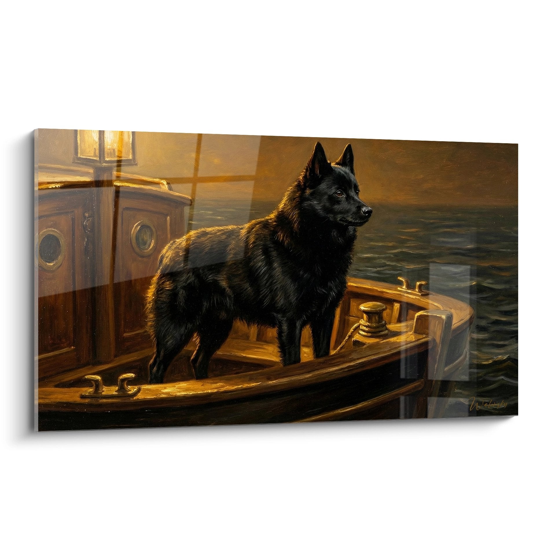 Tableau Schipperke noir majestueux sur pont voilier bois coucher soleil reflets dores ocean maritime