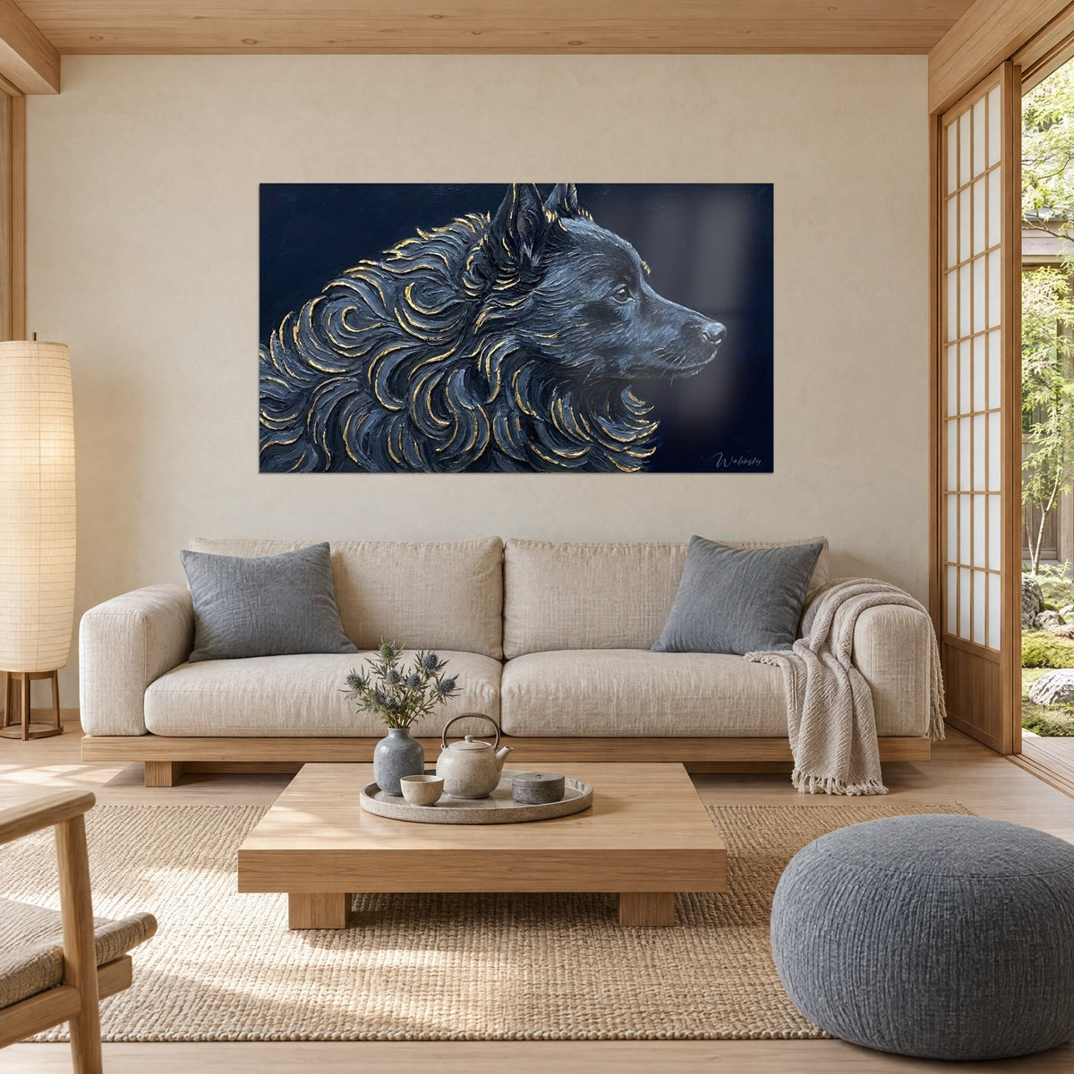 Wall art black dog in profile with golden curls on midnight blue background, above a sofa in a bright living room
