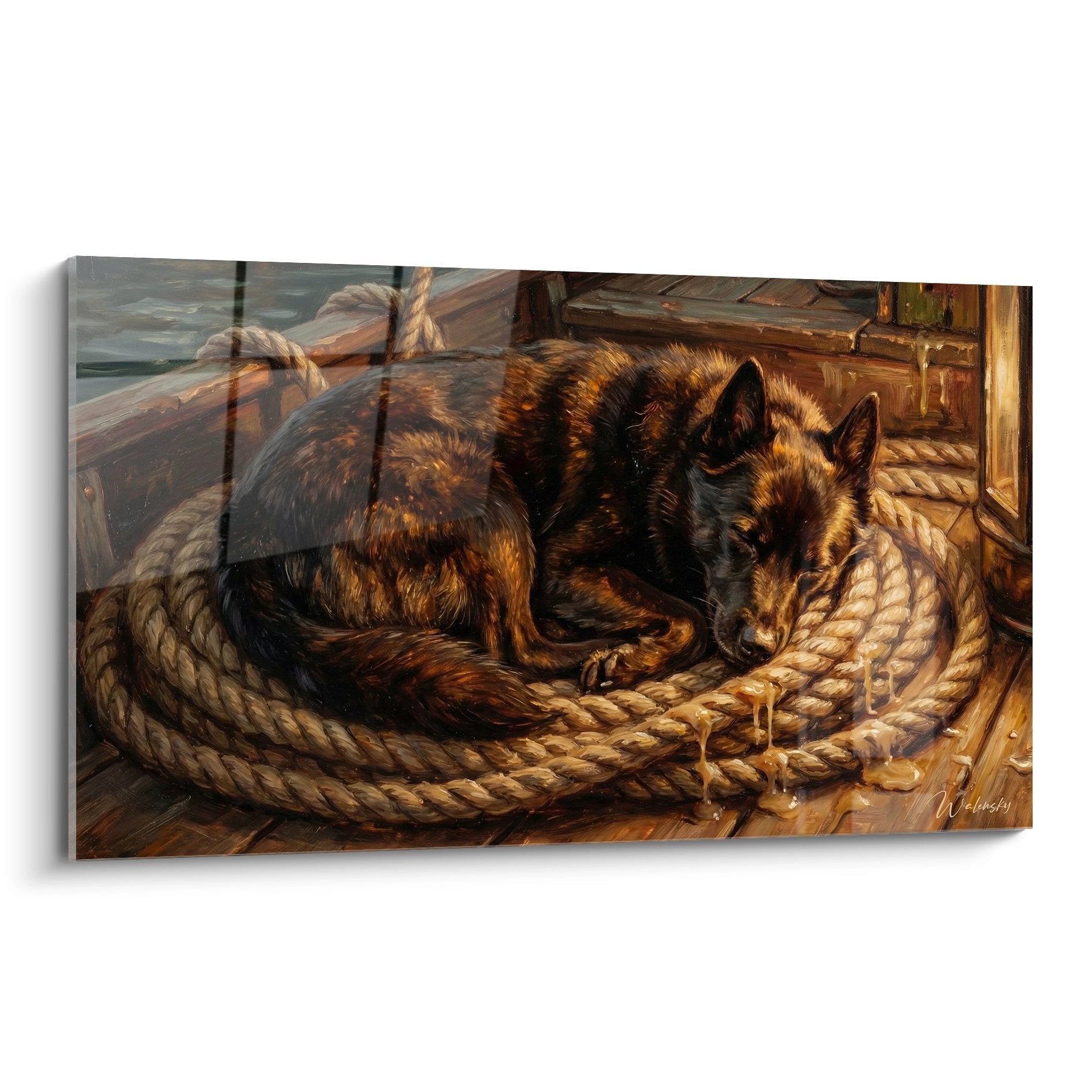 Tableau Schipperke noir endormi dans cordages navals tons dores ambiance maritime chaleureuse