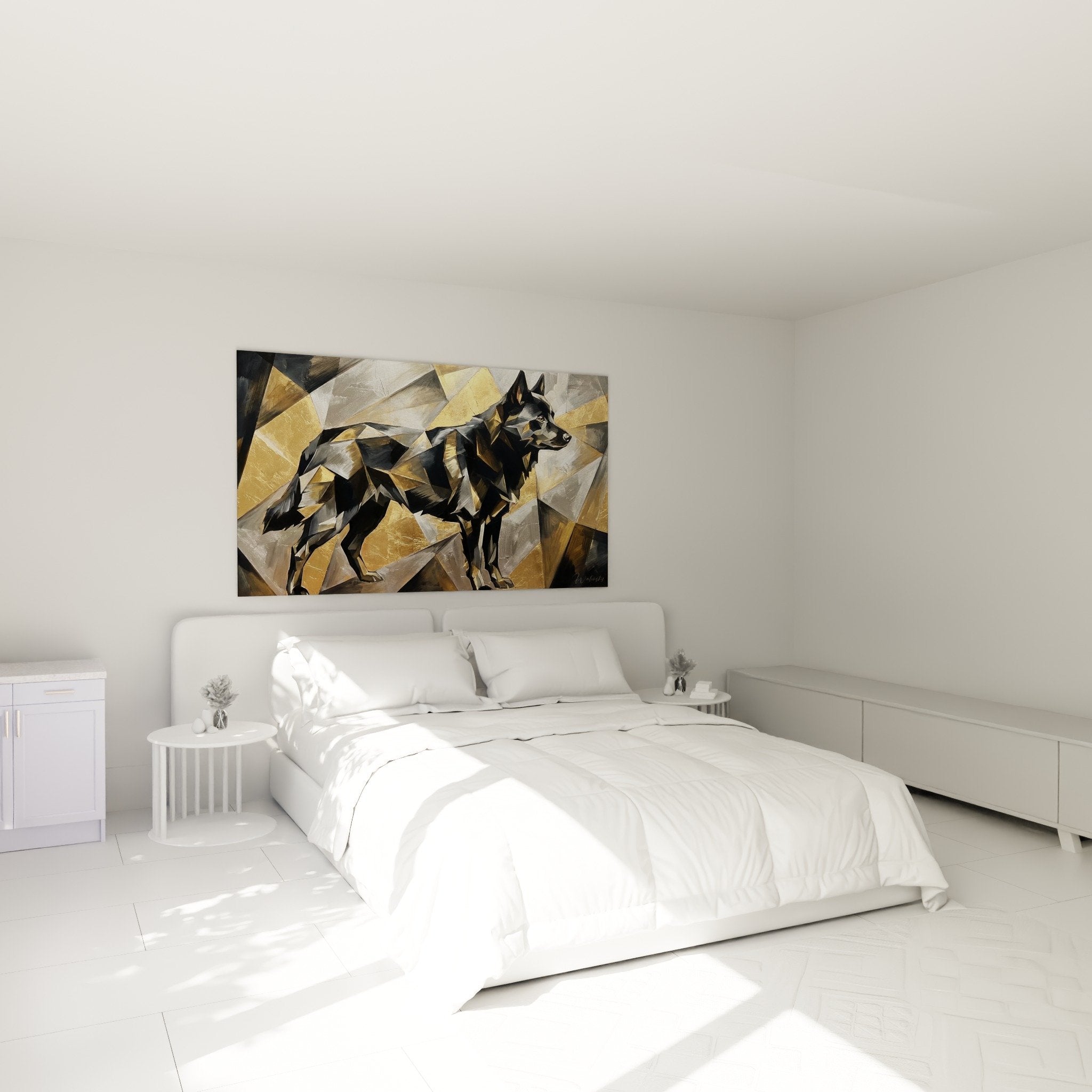Tableau Schipperke polygonal or et gris accroche dans chambre moderne minimaliste