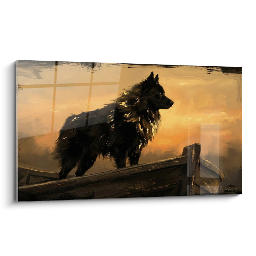 Tableau Schipperke silhouette noire sur pont en bois face au soleil couchant doré - Sentinelle du port - Edition Schipperke