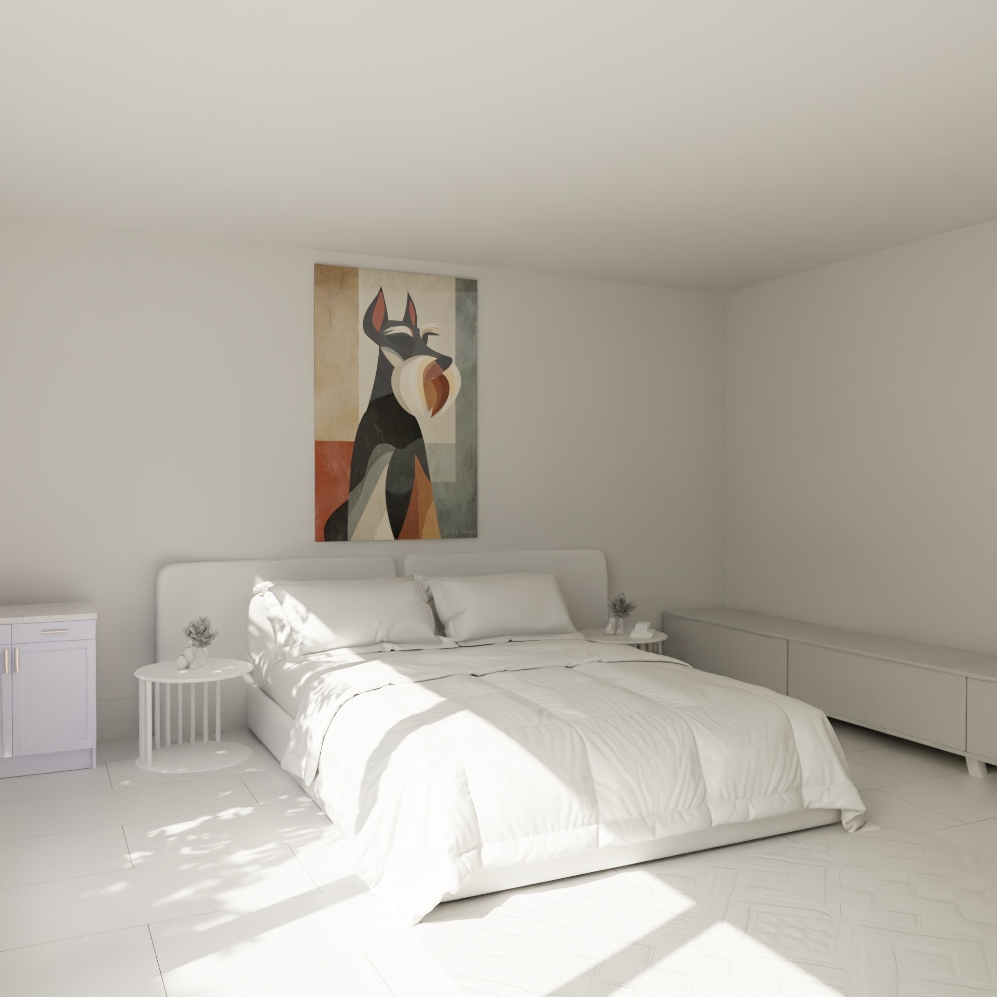 Tableau Schnauzer géométrique dans chambre moderne, ambiance apaisante avec palette de couleurs naturelles ocre et beige