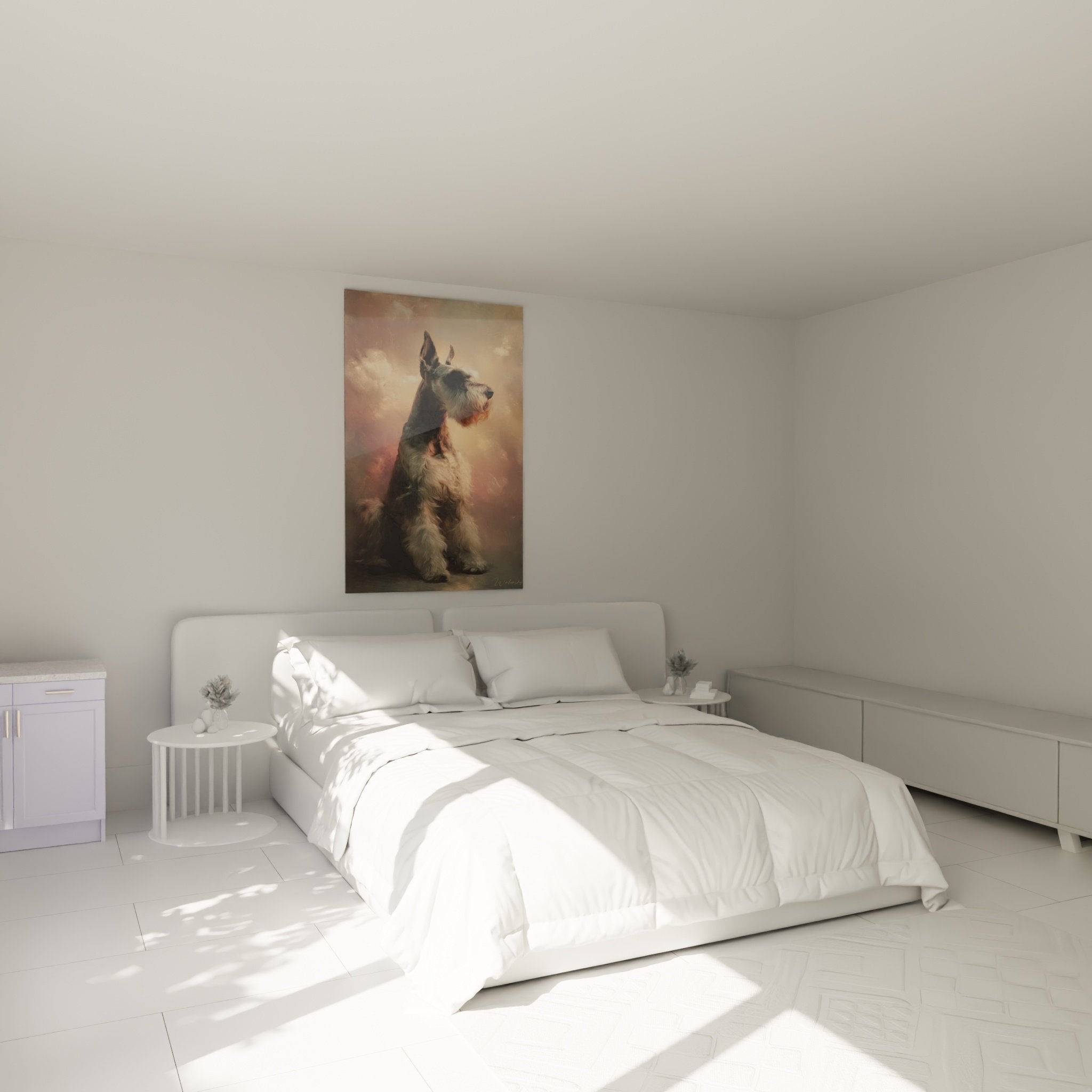 Tableau schnauzer noble chambre decoration murale tons chauds roses dores