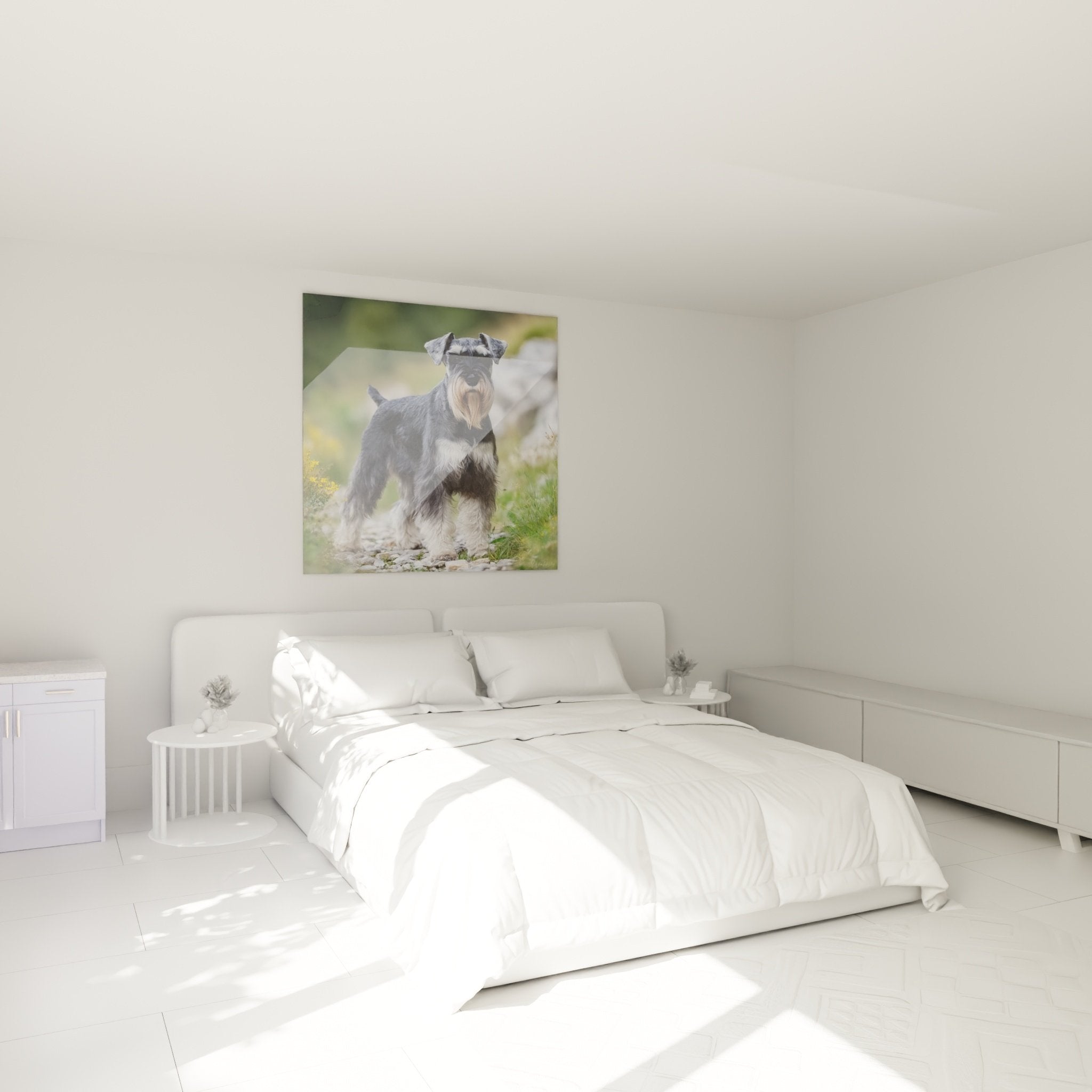 Tableau Schnauzer gris dans chambre moderne aux tons neutres avec mobilier contemporain et decoration epuree