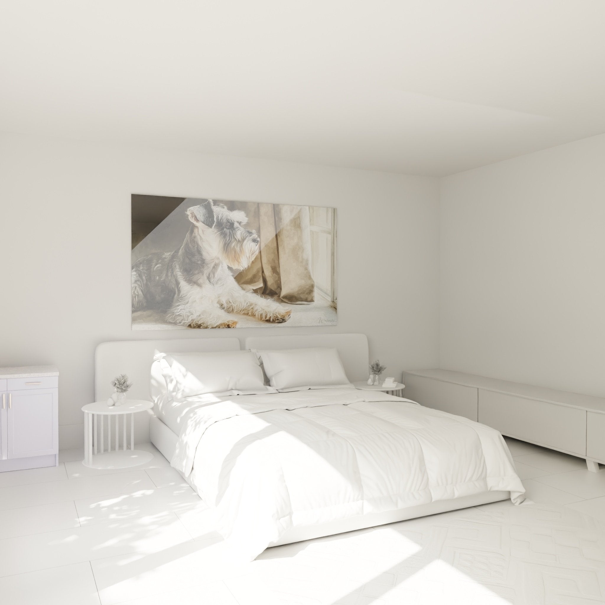 Tableau Schnauzer dans chambre moderne, décoration murale chien, ambiance apaisante tons neutres