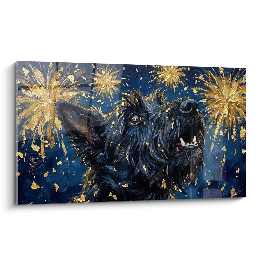 Tableau Chien Noir aux Feux d'Artifice Dorés - Célébration Nocturne - Edition Scottish Terrier