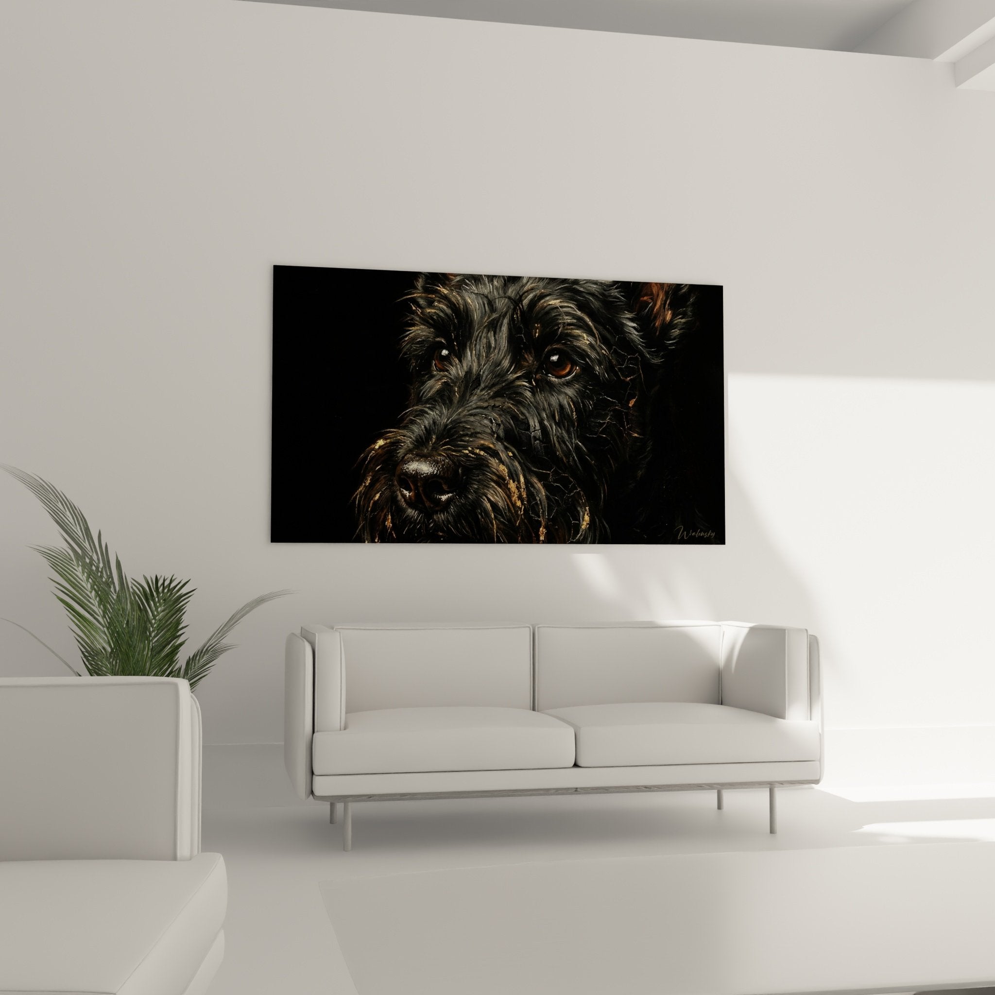Gros plan Scottish Terrier noir reflets cuivres texture pelage detail realiste tableau
